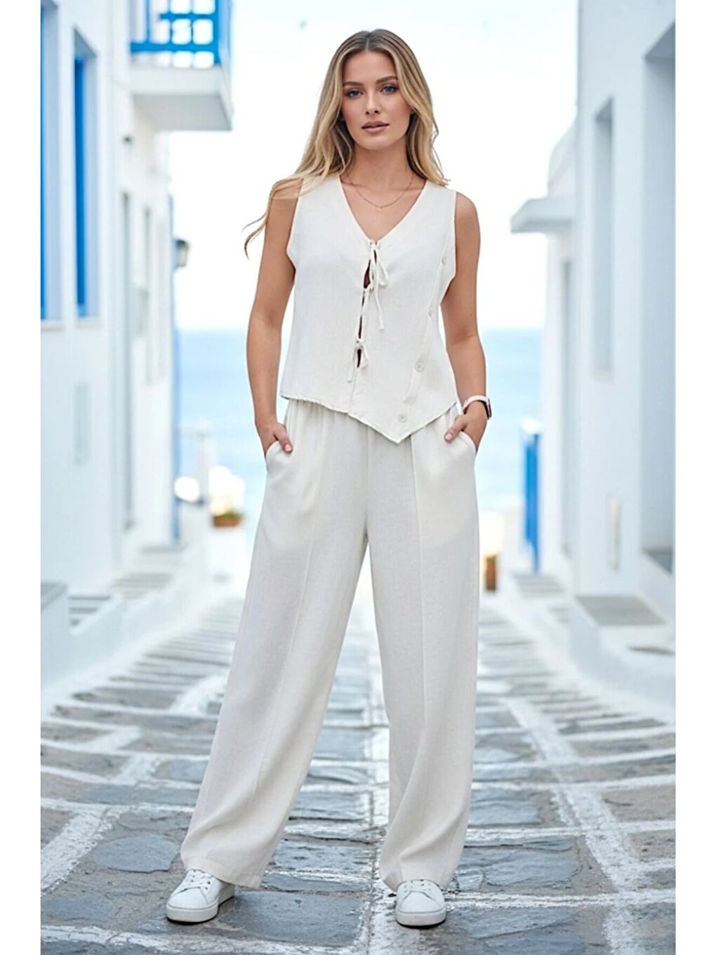 Ekru Askılı İp Bağlamalı Yanı Düğme Detaylı Keten Takım