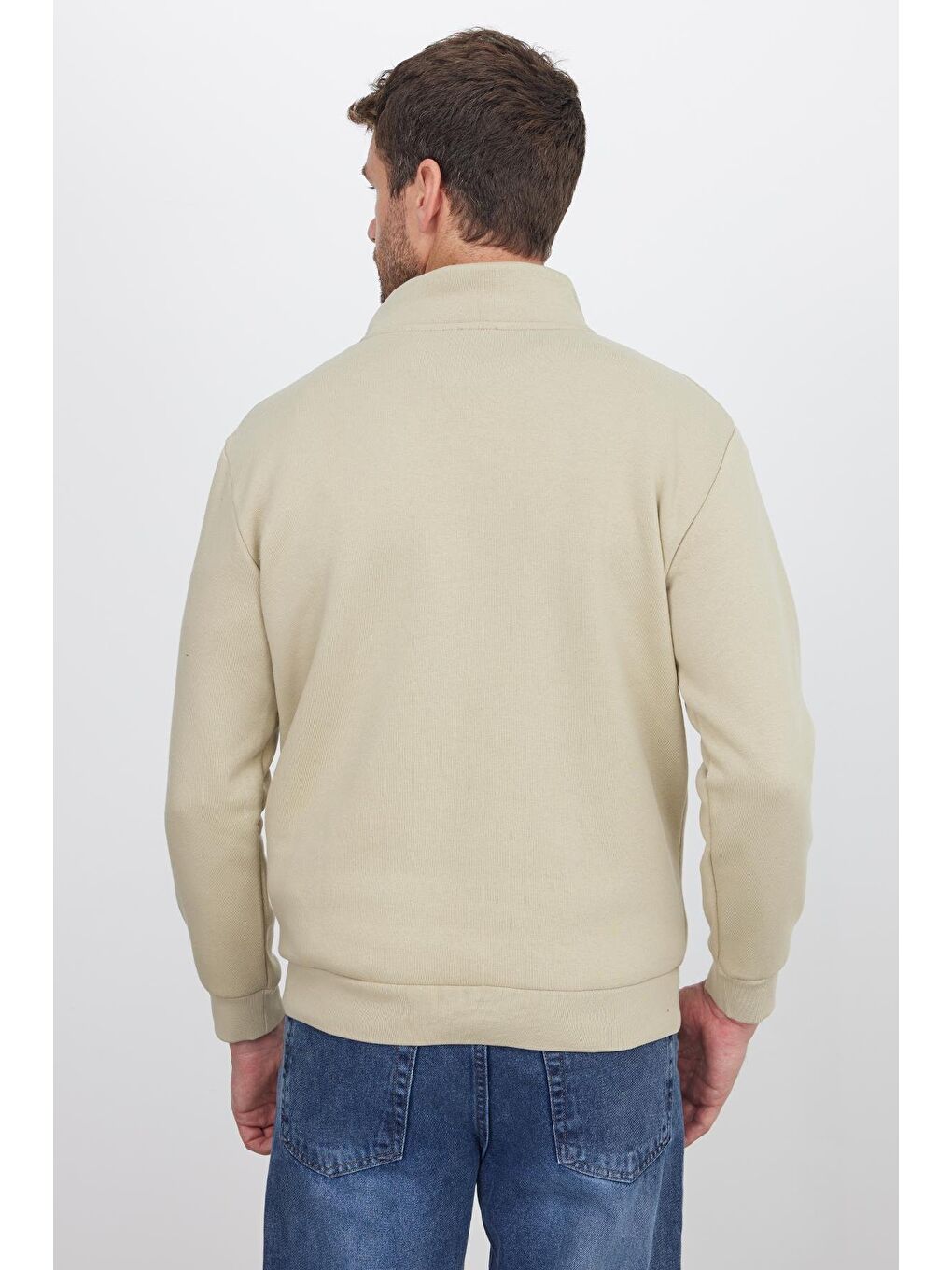 Unisex Relax Fit Rahat Kesim Pamuklu İçi Polarlı Yarım Fermuarlı Bej Dik Yaka Sweatshirt-6