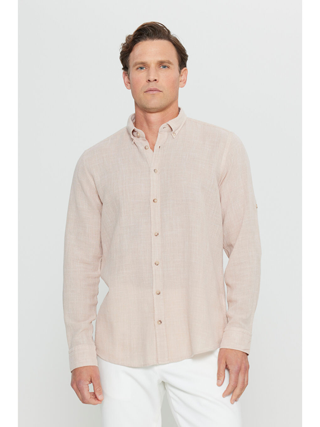 Erkek Bej %100 Pamuk Flamlı Slim Fit Dar Kesim Düğmeli Yaka Armürlü Gömlek-2
