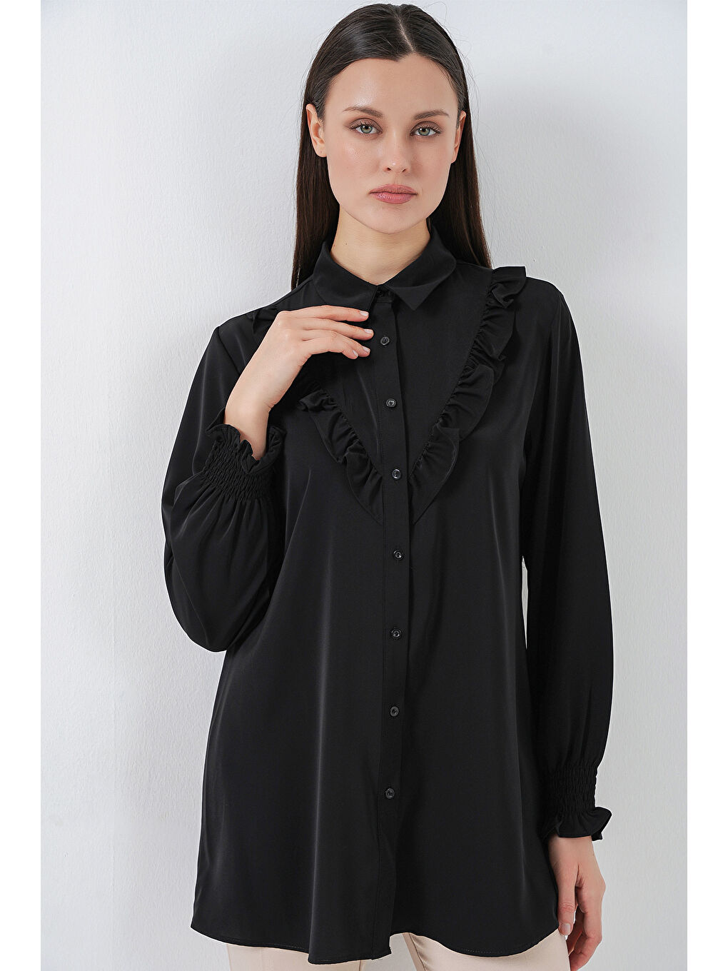 Kadın Fırfırlı Uzun Gömlek Tunik 5986 - Siyah