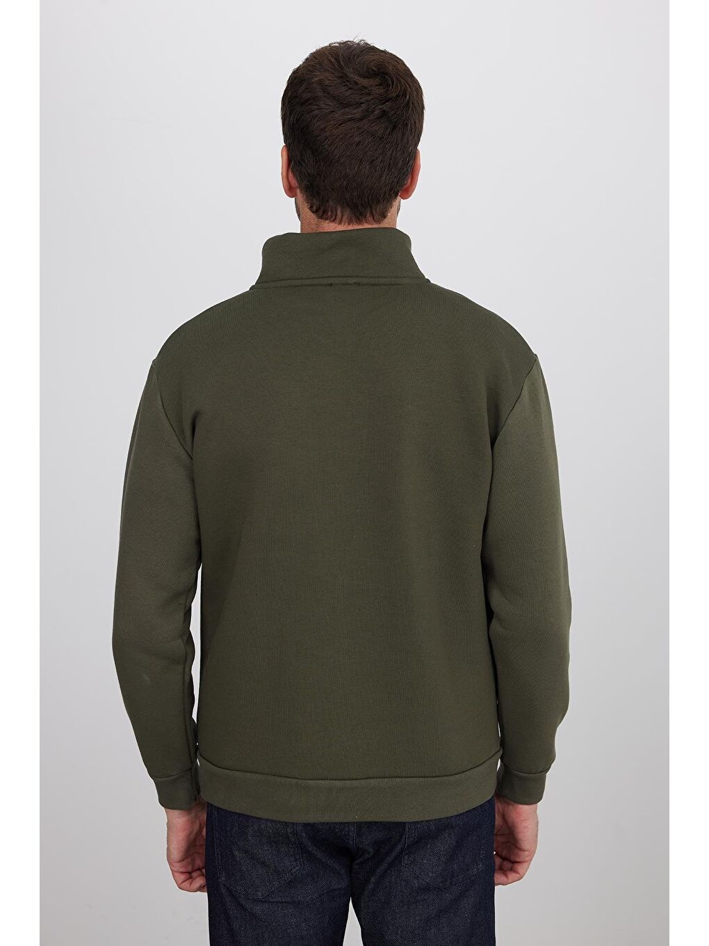 Unisex Relax Fit Rahat Kesim Pamuklu İçi Polarlı Yarım Fermuarlı Haki Dik Yaka Sweatshirt-6