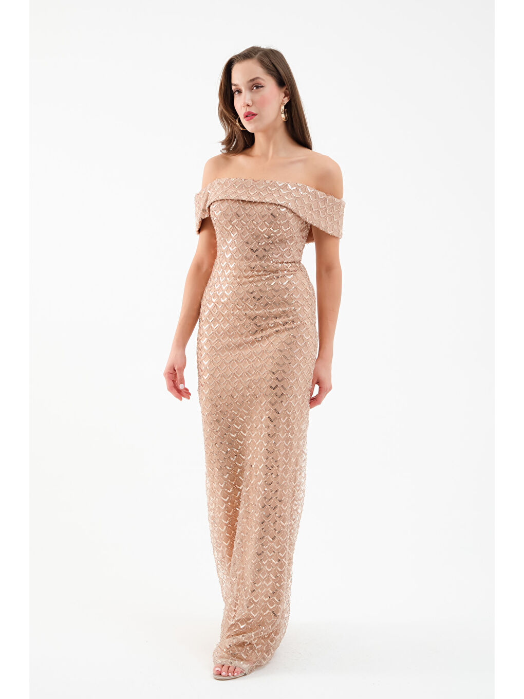 Sarı Kadın Gold Madonna Yaka Payetli Uzun Abiye Elbise-1