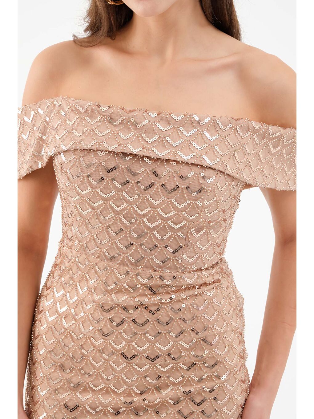 Sarı Kadın Gold Madonna Yaka Payetli Uzun Abiye Elbise-2