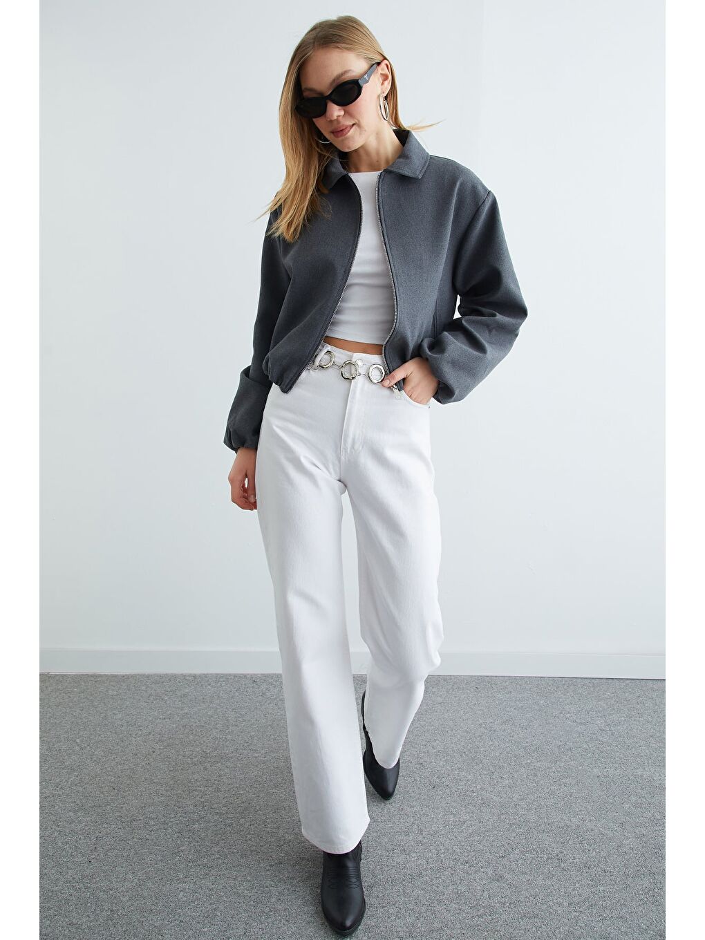 Antrasit Fermuarlı Polo Yaka Crop Bomber Ceket-1