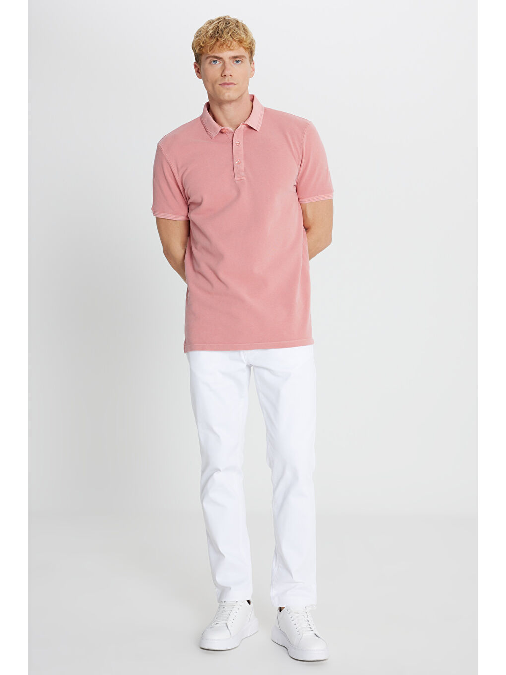 Pembe Erkek Gül Kurusu %100 Pamuk Slim Fit Dar Kesim Polo Yaka Tişört-1