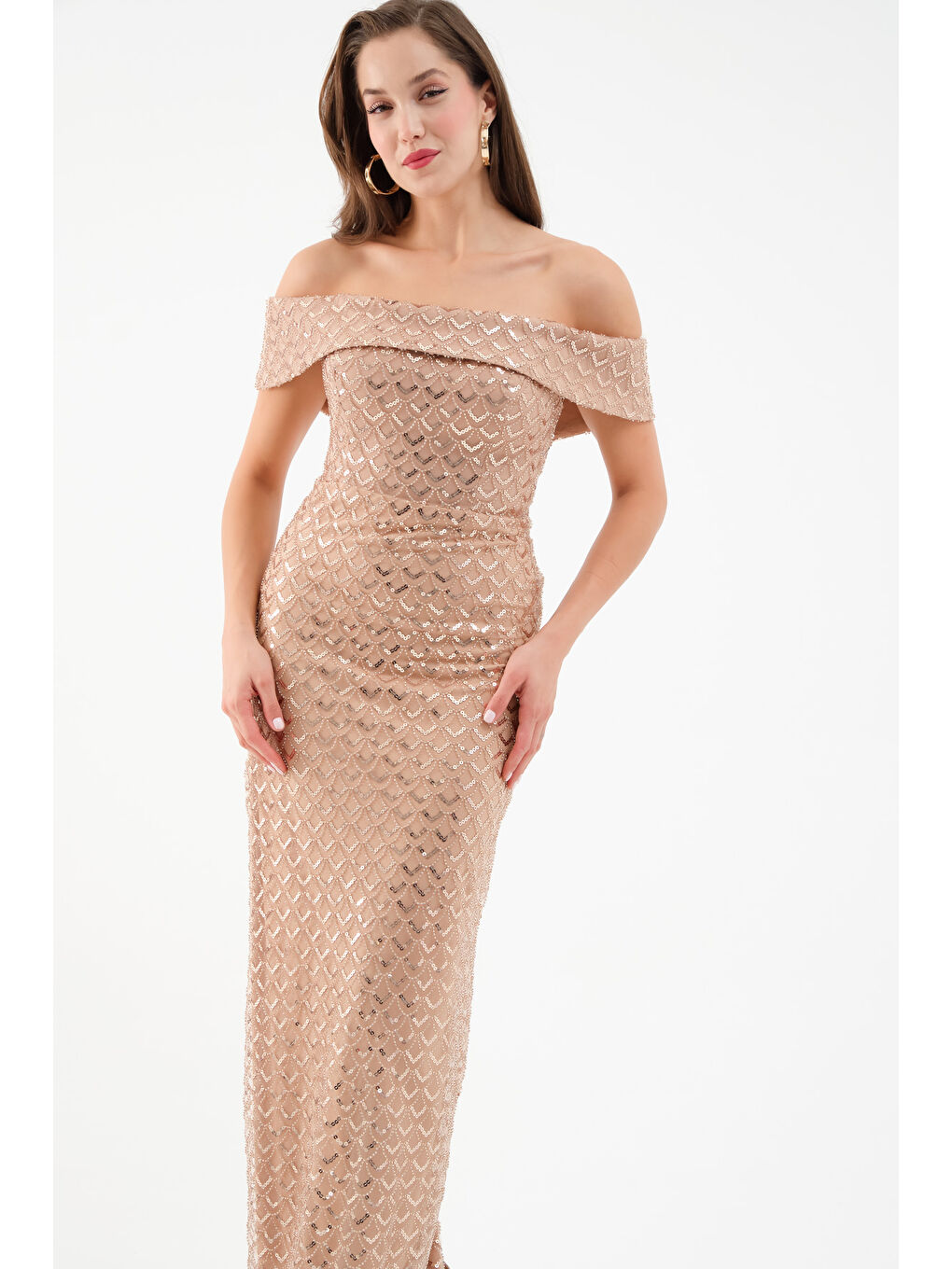 Sarı Kadın Gold Madonna Yaka Payetli Uzun Abiye Elbise-3