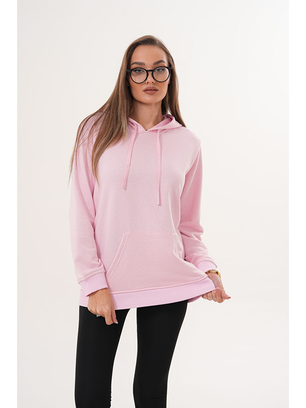 Pembe Unisex %100 Pamuk Basic Premium Kapüşonlu Sweatshirt-1