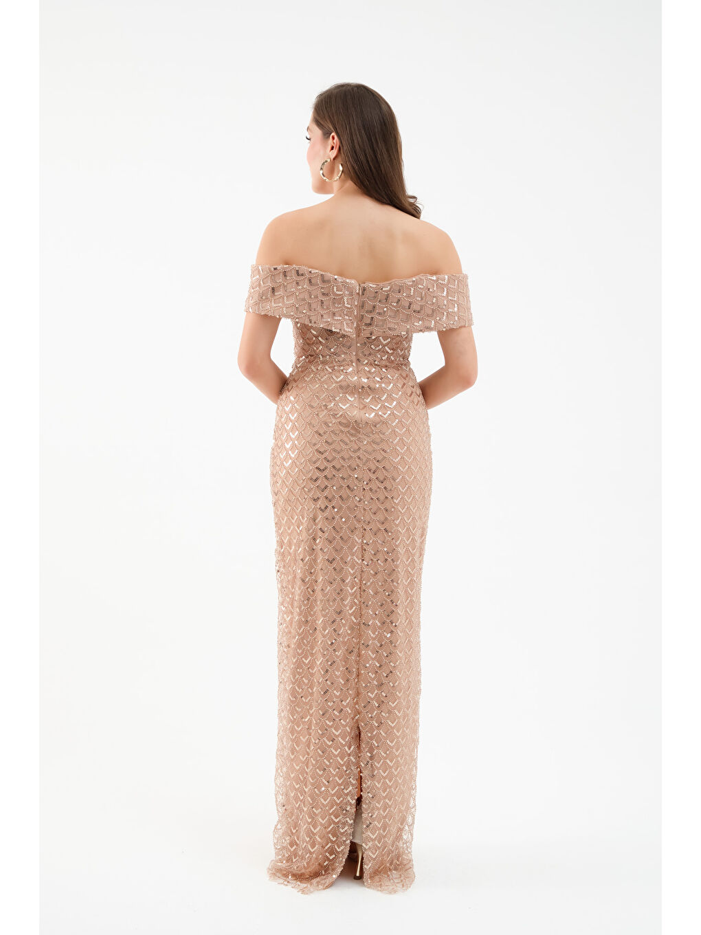 Sarı Kadın Gold Madonna Yaka Payetli Uzun Abiye Elbise-4