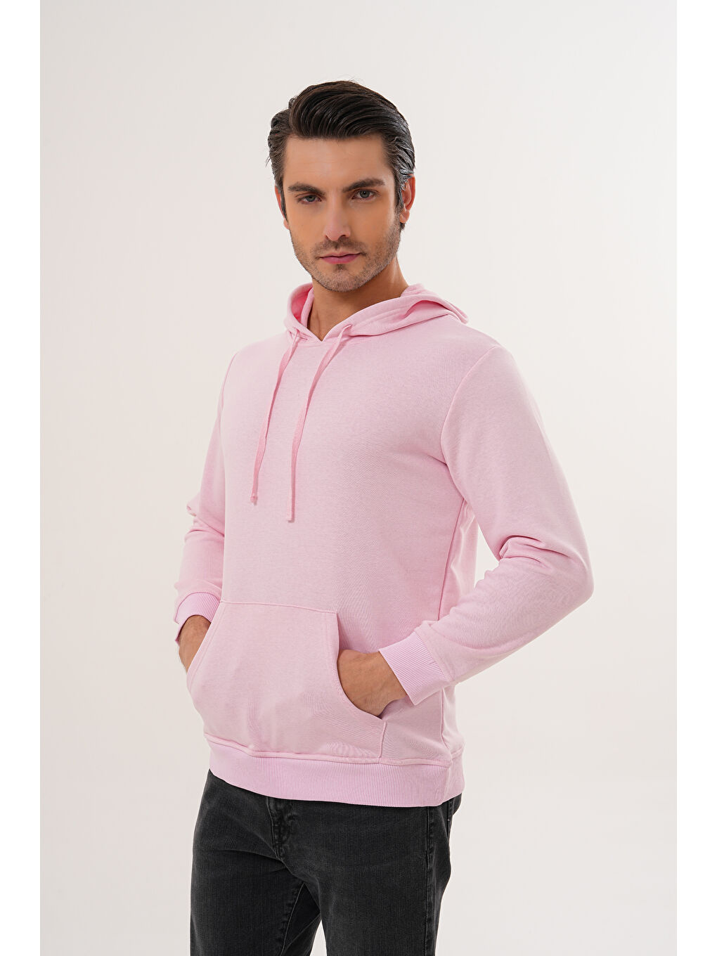 Pembe Unisex %100 Pamuk Basic Premium Kapüşonlu Sweatshirt-2