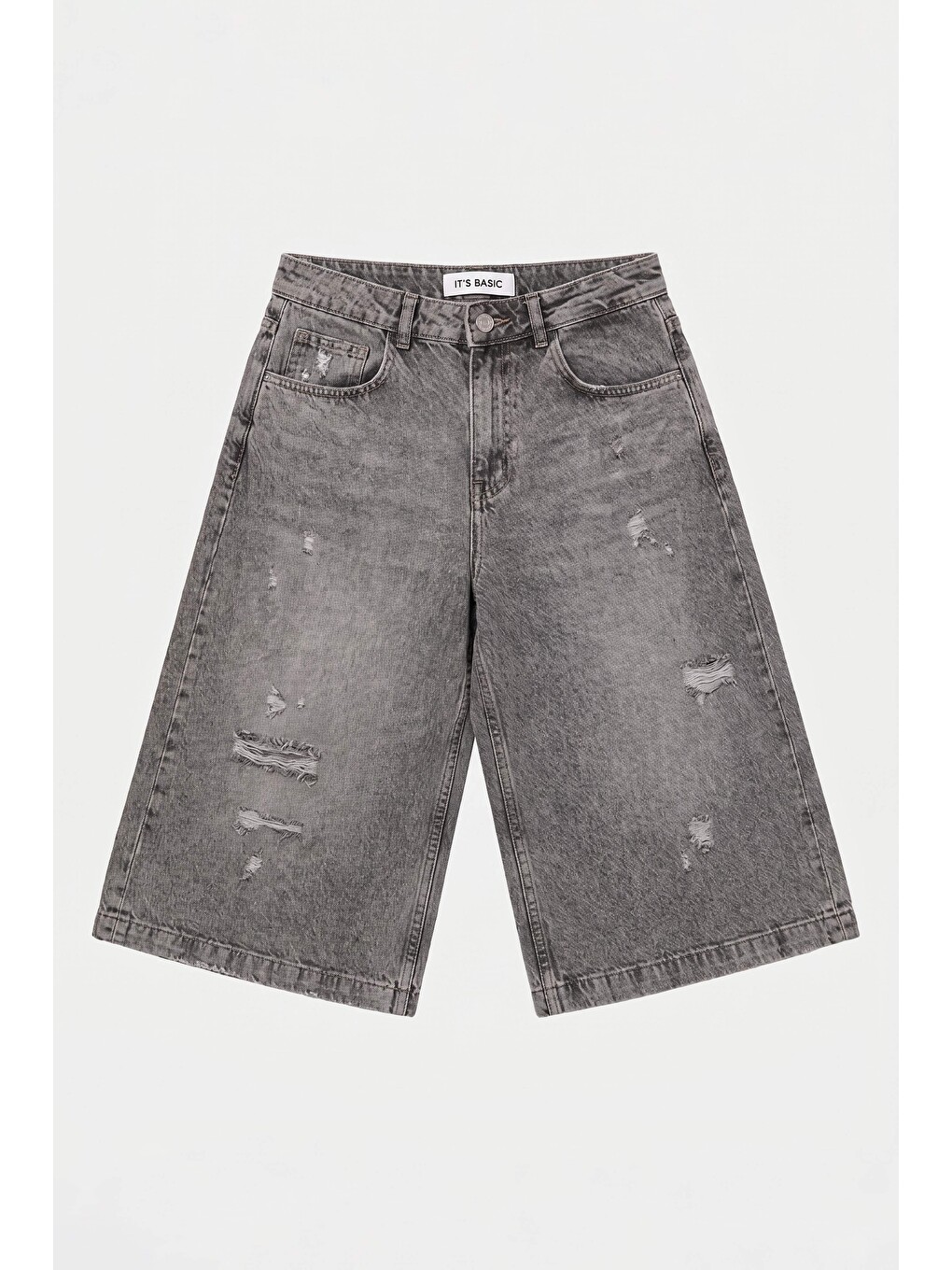 Gri Kadın Füme 12s6-13 Baggy Fit Maxi Denim Tasarım Bermuda Şort-5