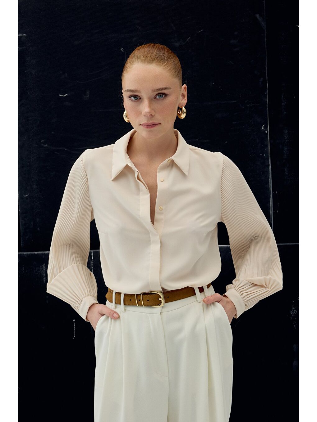 Plise Kollu Gömlek - Bej