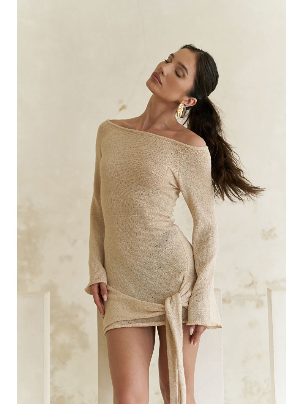 Kawanas Kayık Yaka Bağlamalı Bej Elbise