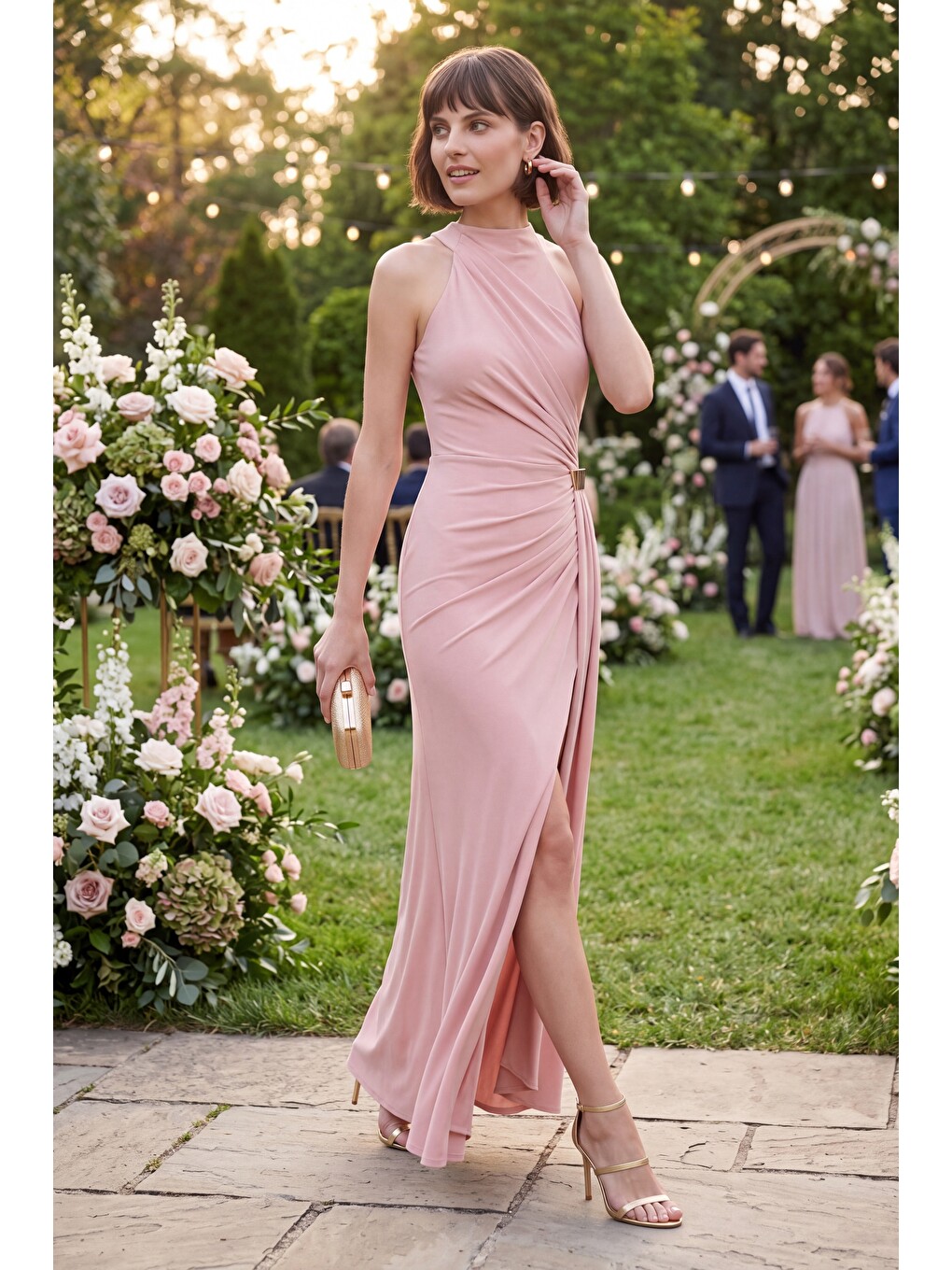 Pembe Kadın Pudra Halter Yaka Aksesuar Detay Uzun Abiye Elbise-3
