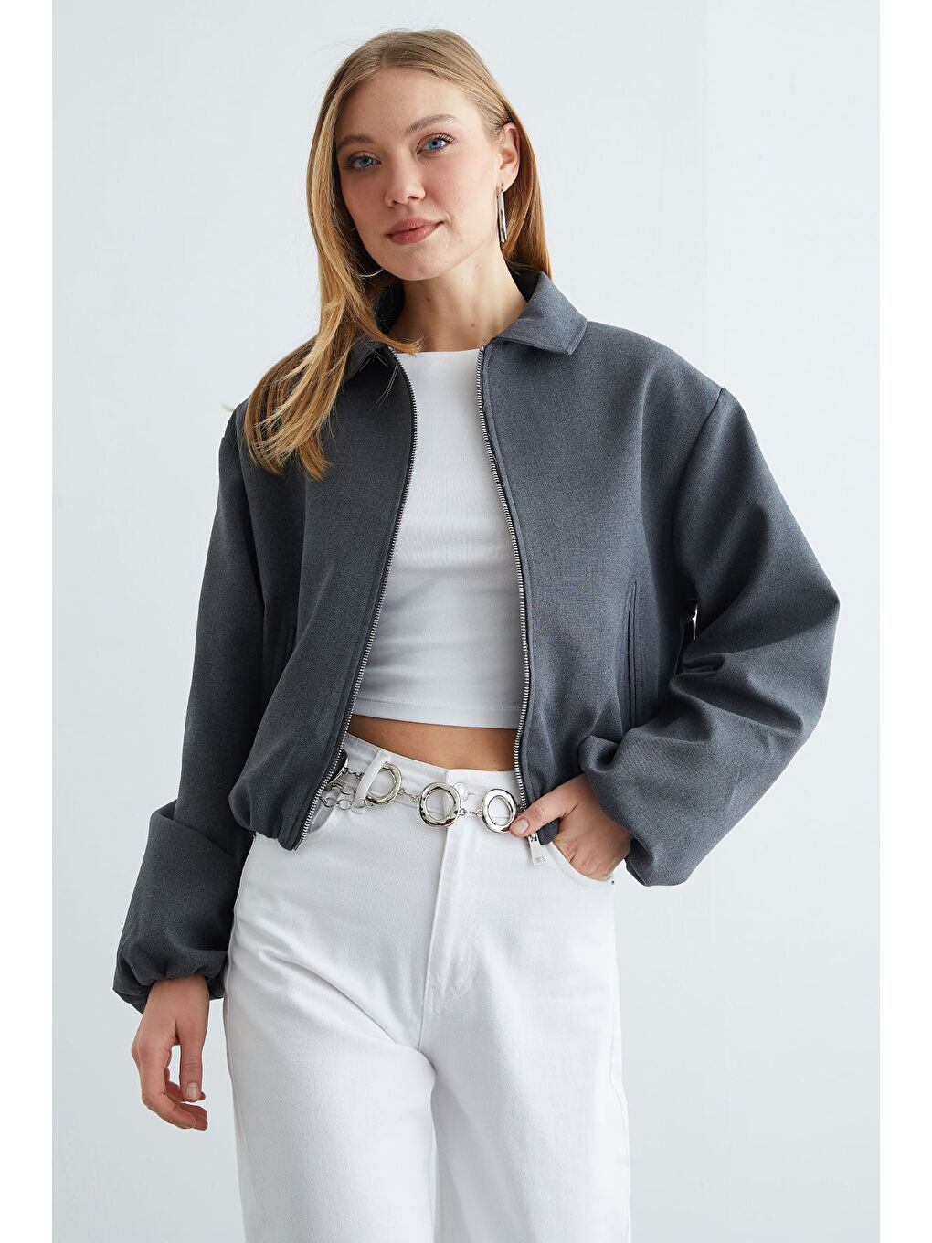 Antrasit Fermuarlı Polo Yaka Crop Bomber Ceket-3