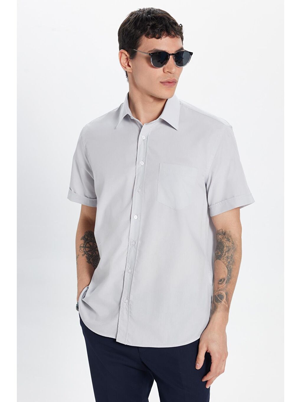 Erkek Regular Fit Klasik Kesim Düz Kravatlık Kolay Ütü Gri Gömlek