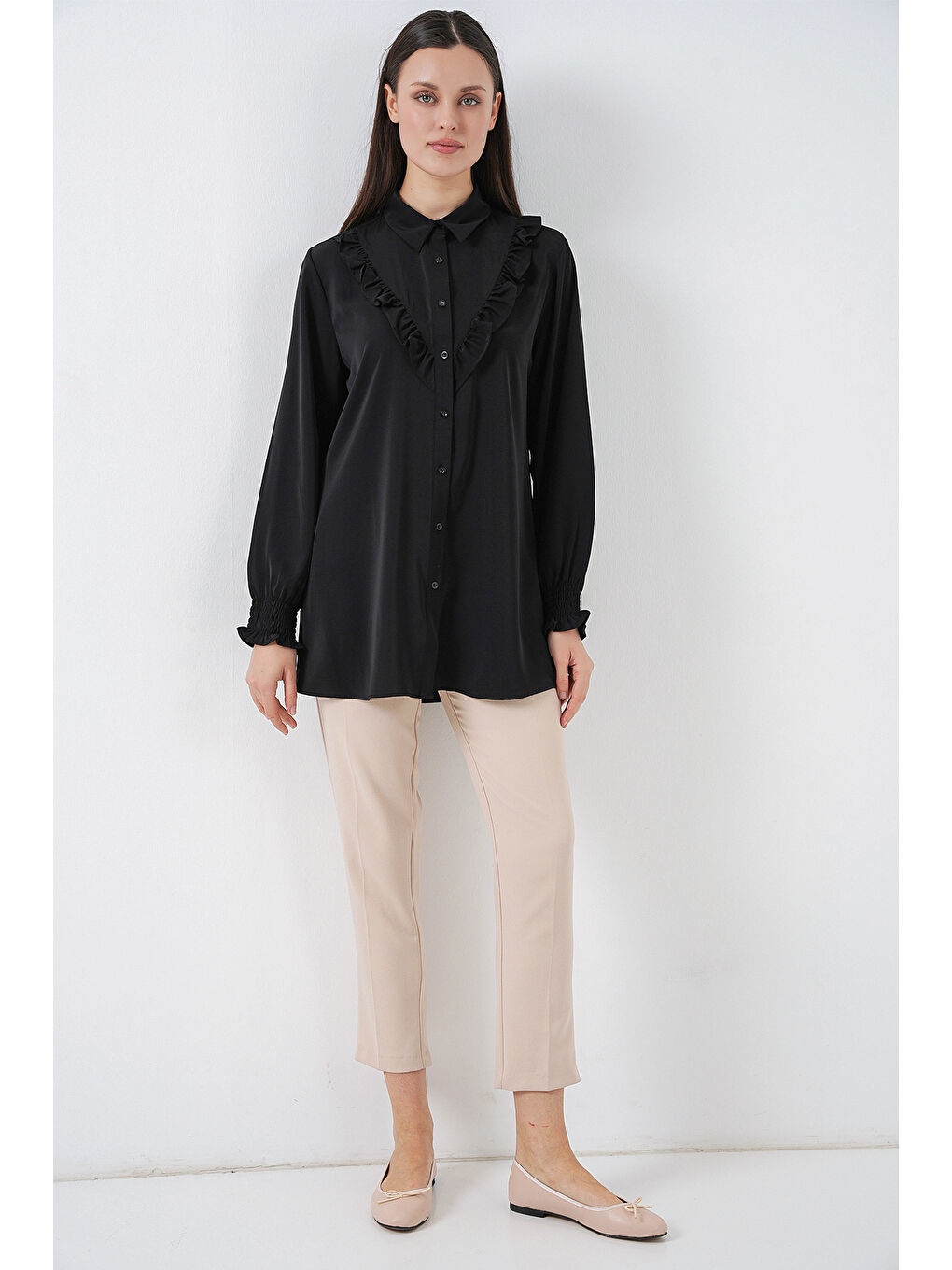 Kadın Fırfırlı Uzun Gömlek Tunik 5986 - Siyah-1