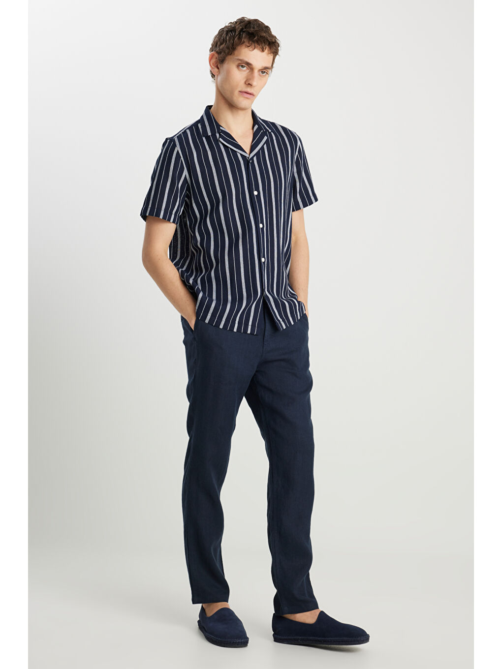 %100 Pamuk Relaxed Fit Geniş Kesim Lacivert Gömlek-2