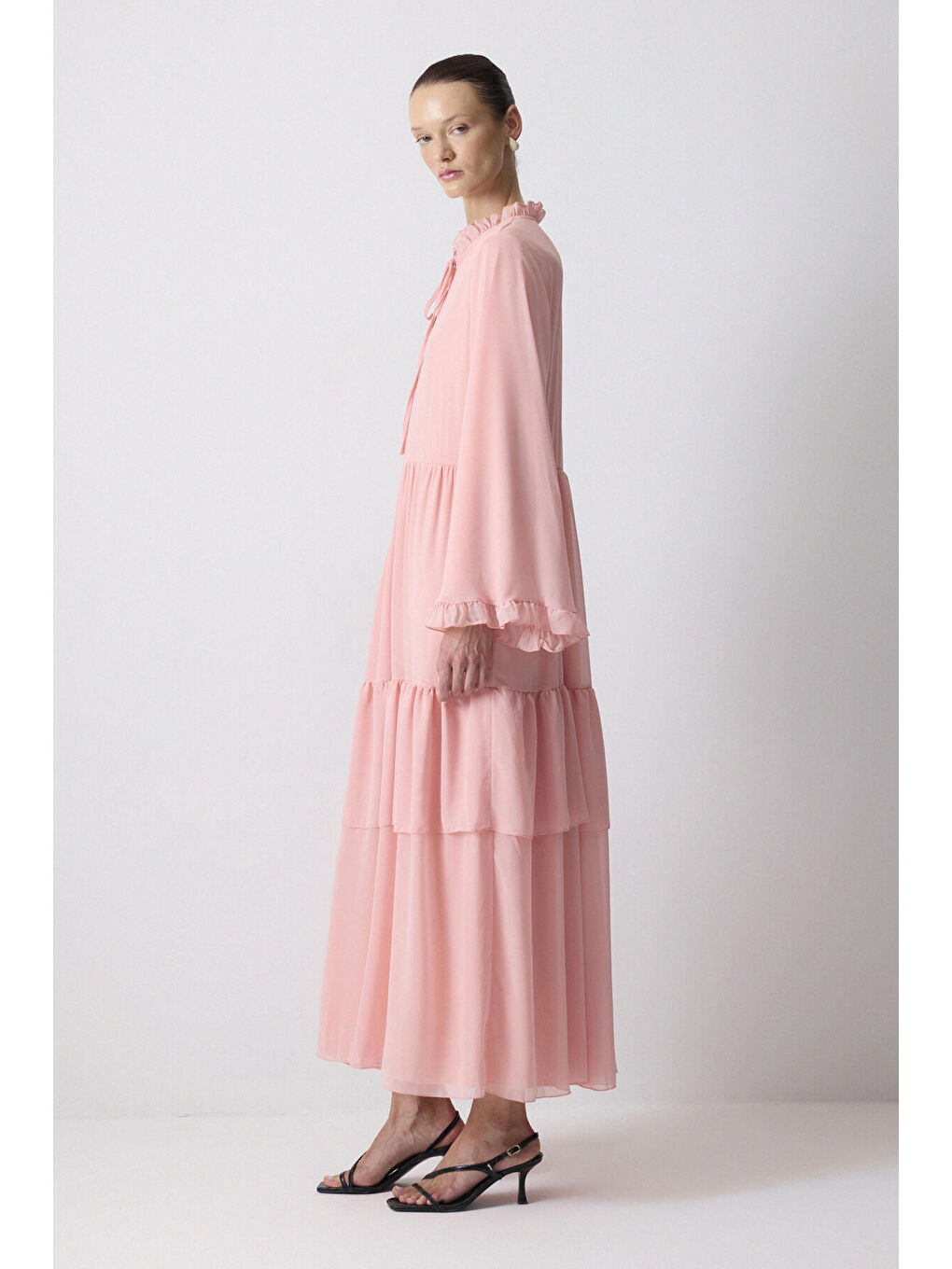 Pembe Büzgülü Şifon Elbise-2