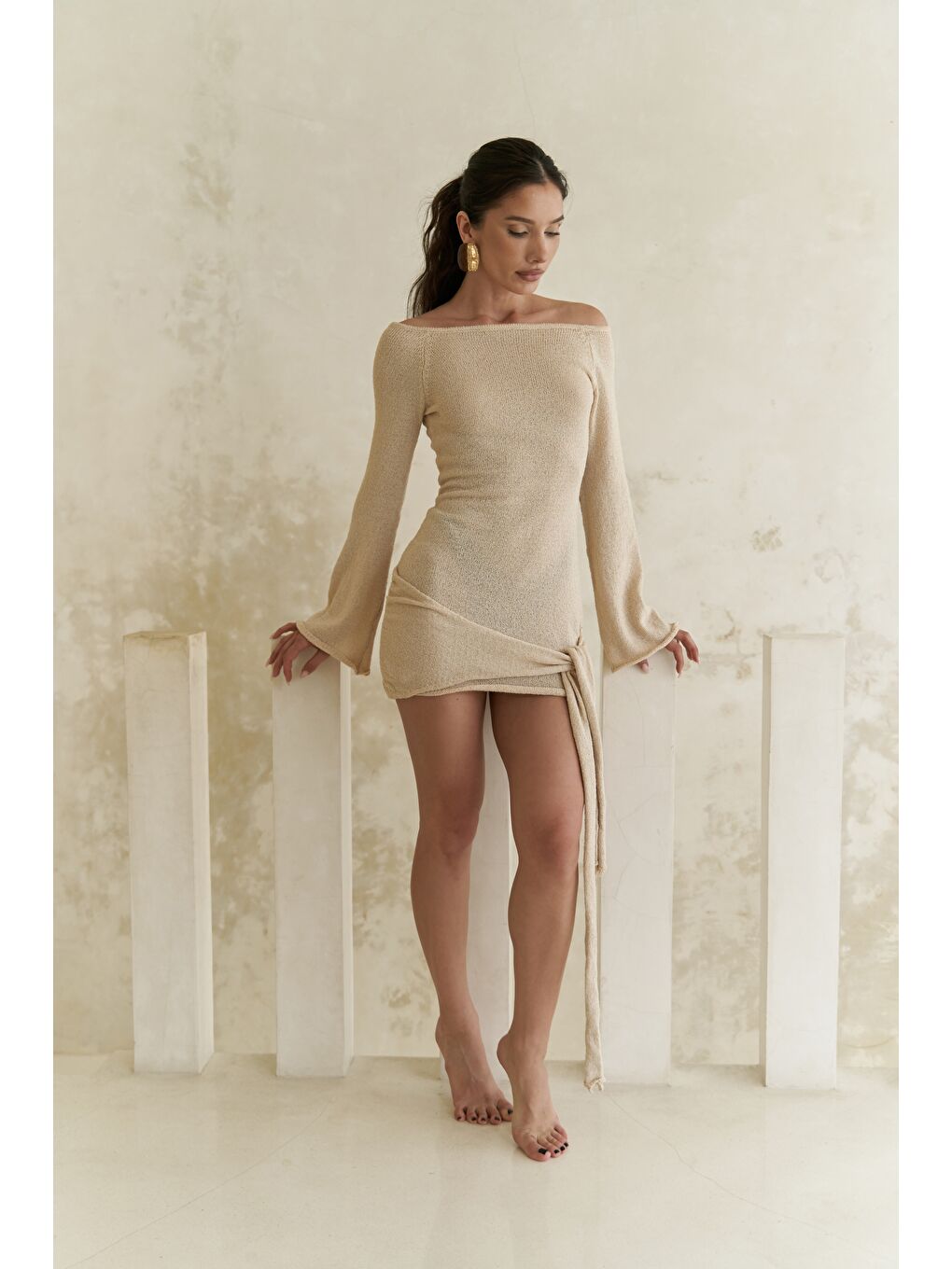 Kawanas Kayık Yaka Bağlamalı Bej Elbise-1