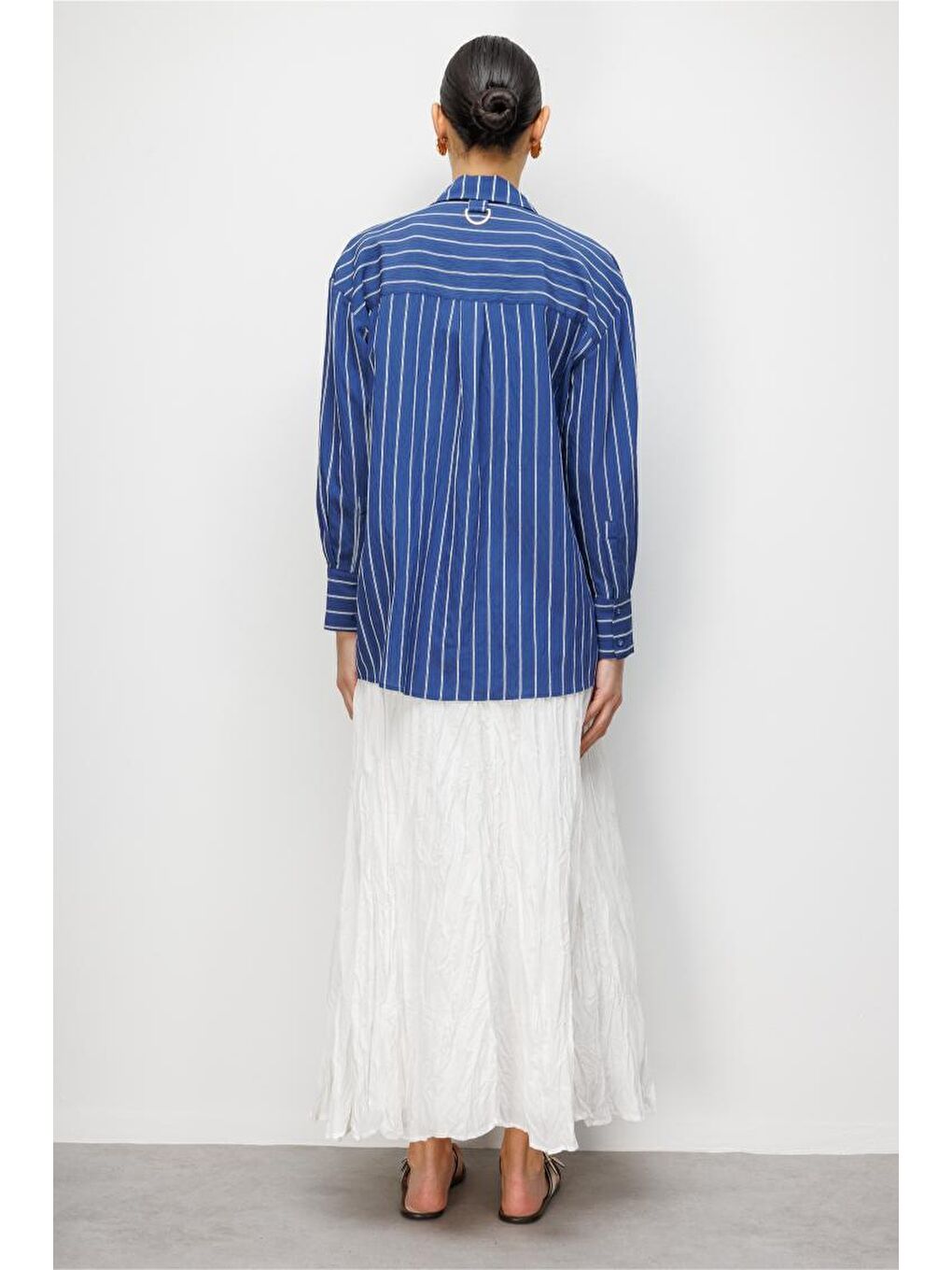 Oversize Lacivert Çizgili Gömlek-4