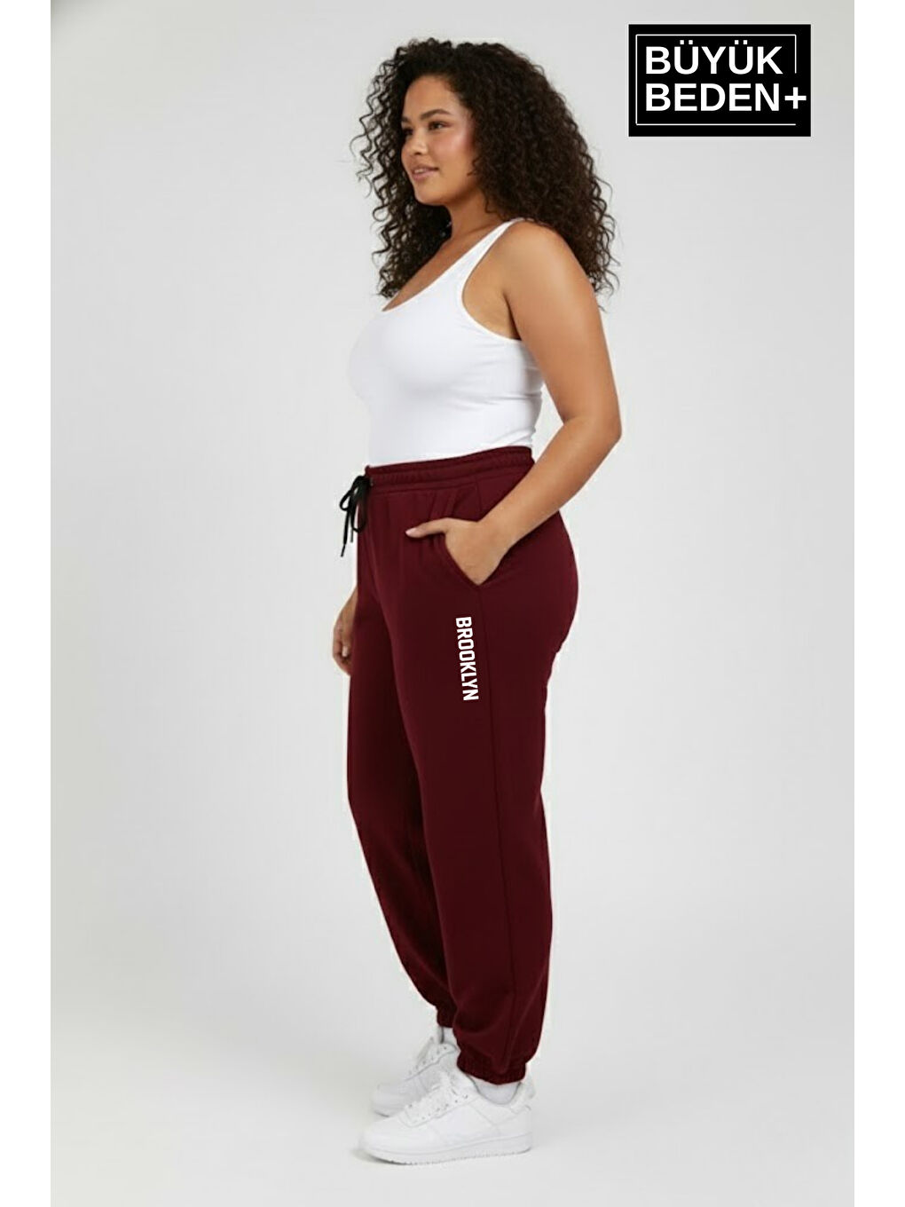 Bordo Kadın Büyük Beden BROOKLYN Baskılı Paça Lastikli Jogger İnce Eşofman Altı SPR26BEAK951-2