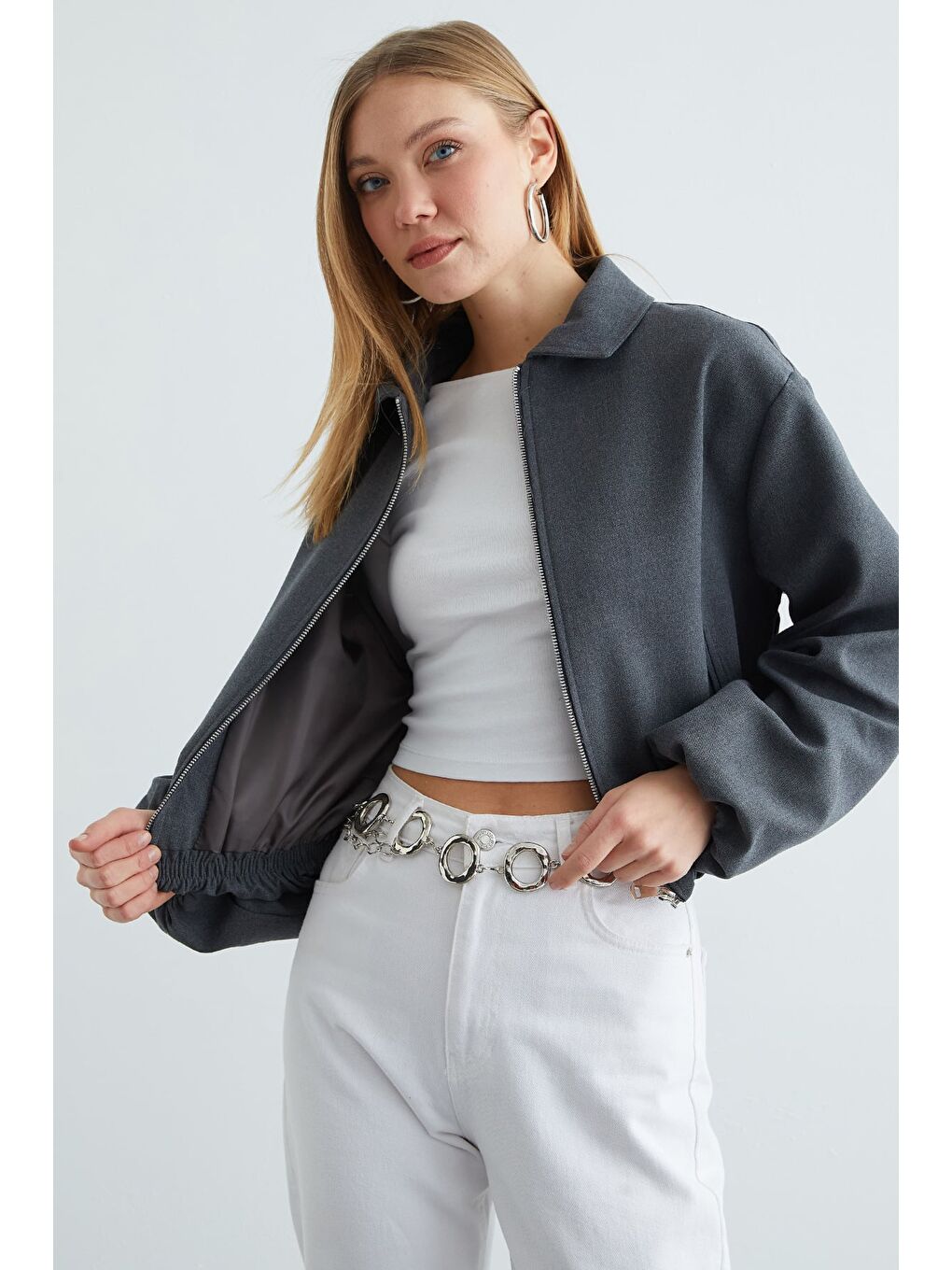 Antrasit Fermuarlı Polo Yaka Crop Bomber Ceket-4
