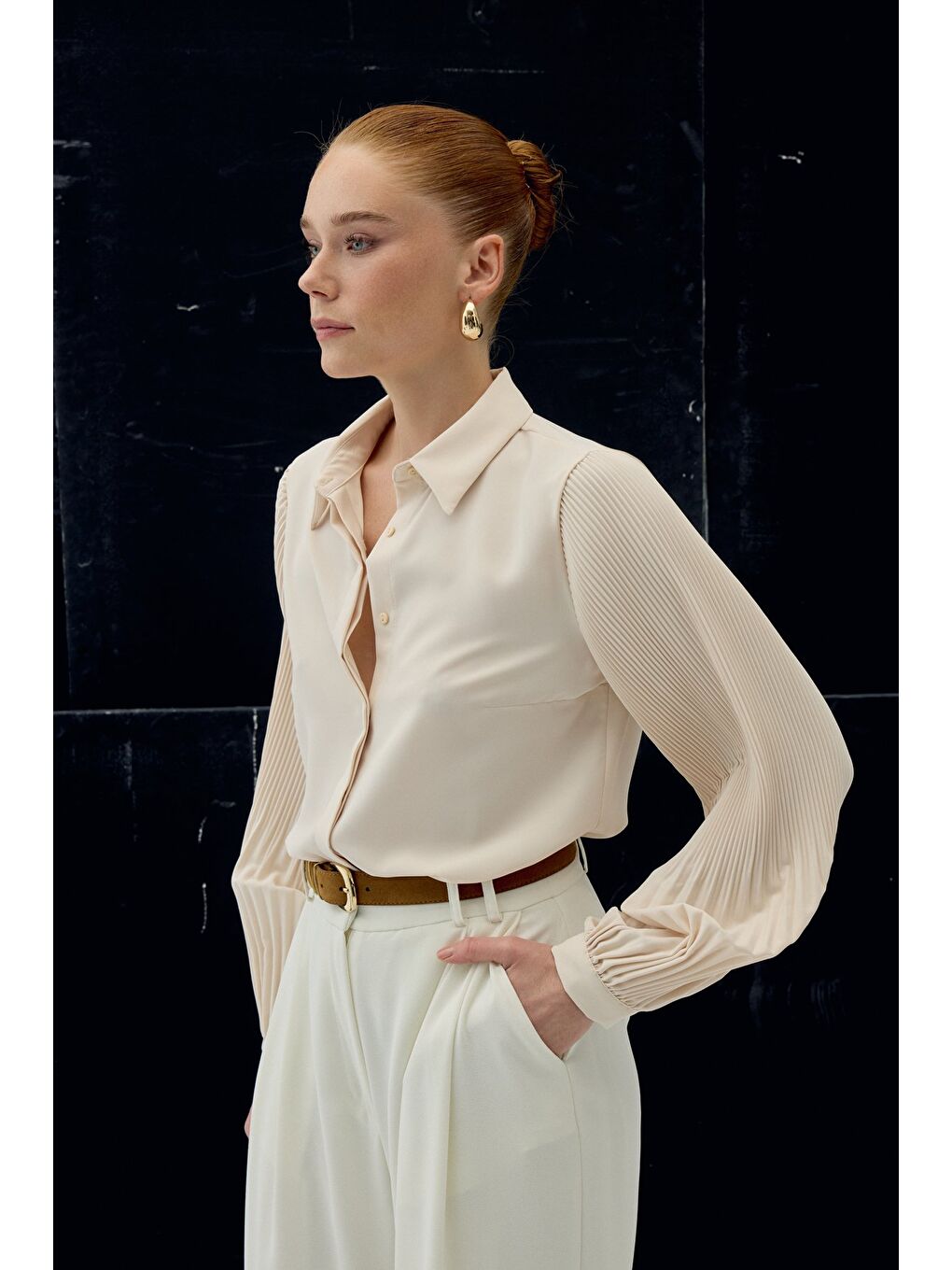 Plise Kollu Gömlek - Bej-1