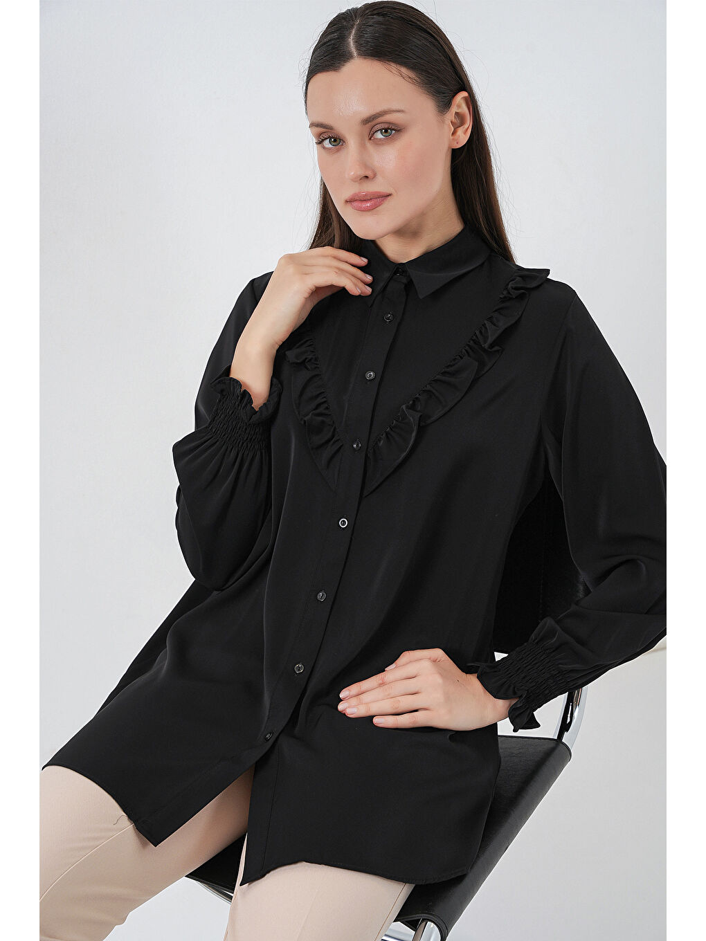 Kadın Fırfırlı Uzun Gömlek Tunik 5986 - Siyah-2