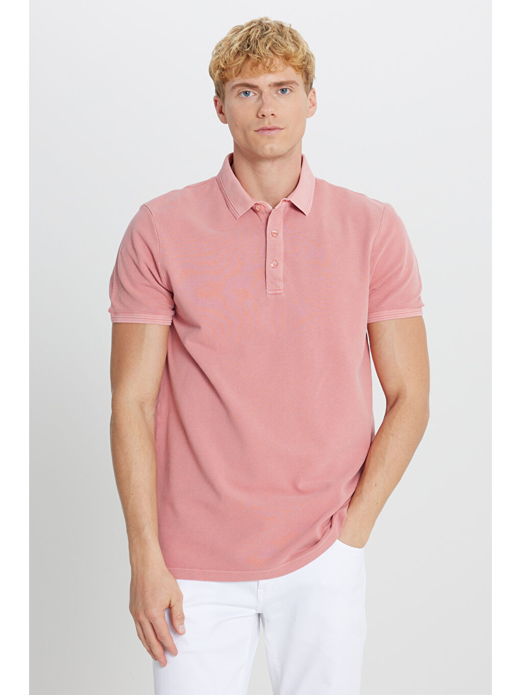 Pembe Erkek Gül Kurusu %100 Pamuk Slim Fit Dar Kesim Polo Yaka Tişört-2