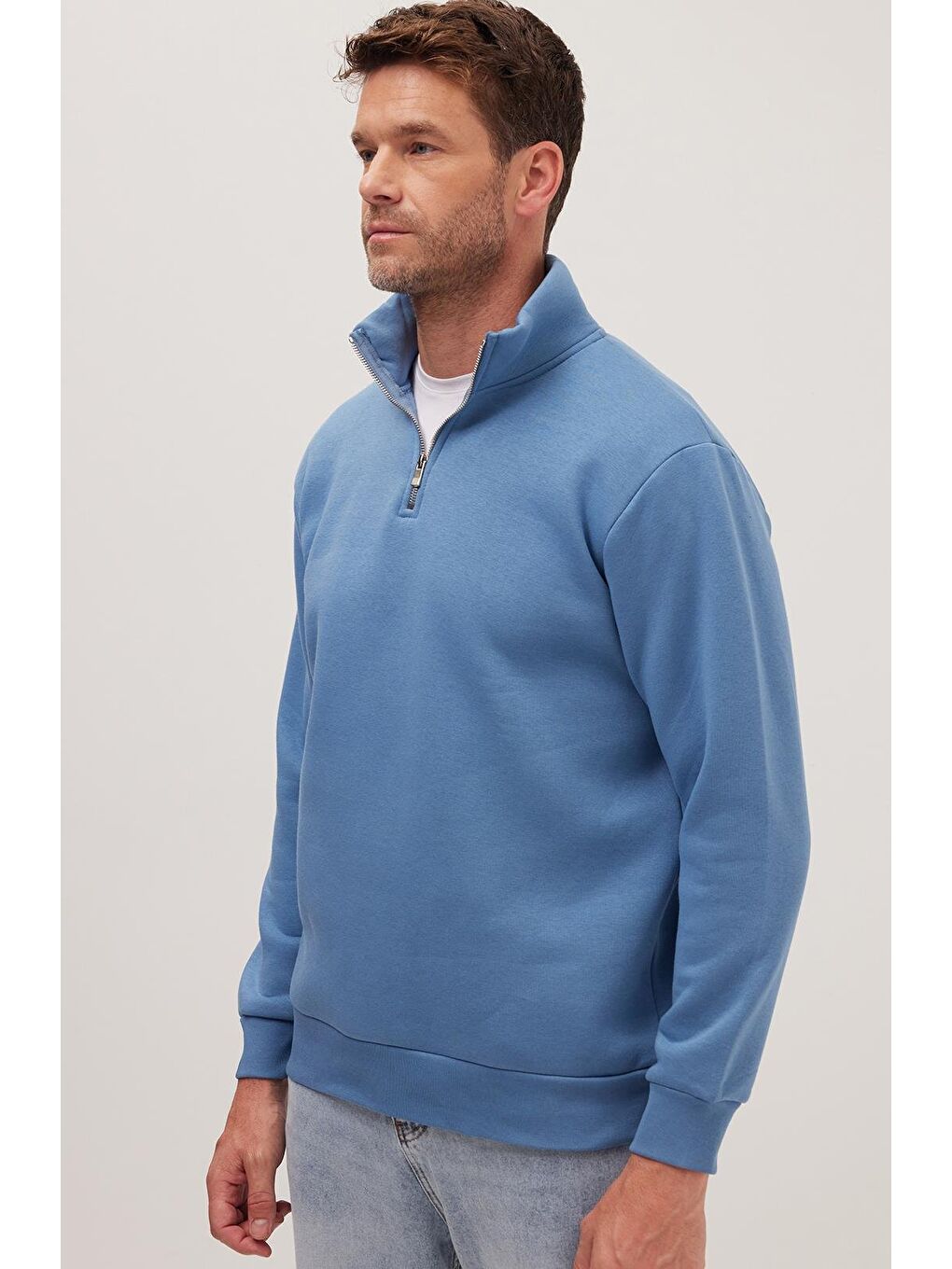 Unisex Relax Fit Rahat Kesim Pamuklu İçi Polarlı Yarım Fermuarlı Petrol Mavi Dik Yaka Sweatshirt-1