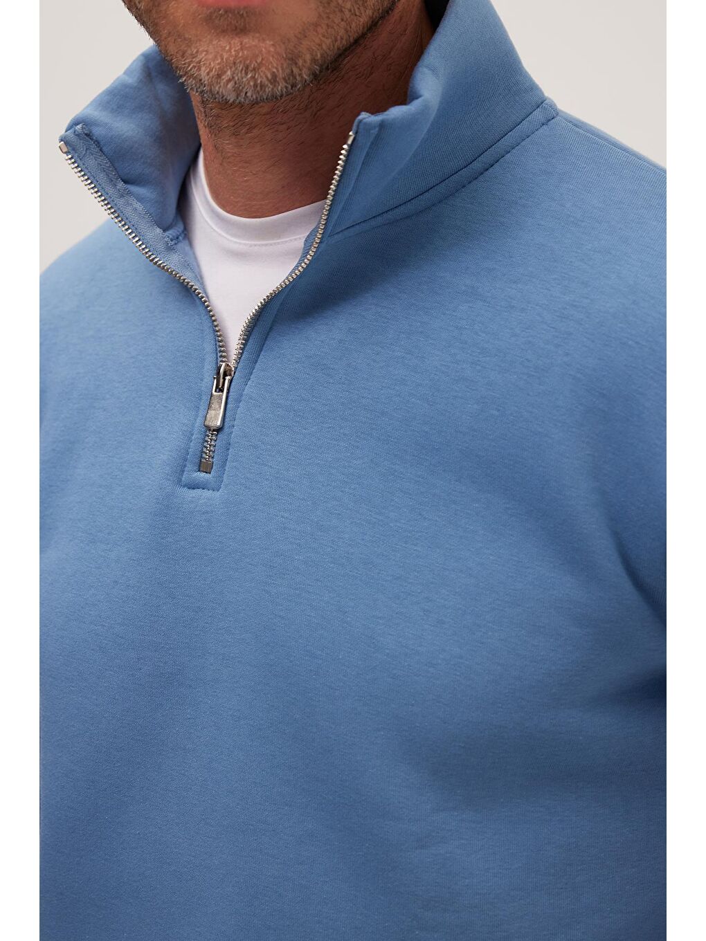 Unisex Relax Fit Rahat Kesim Pamuklu İçi Polarlı Yarım Fermuarlı Petrol Mavi Dik Yaka Sweatshirt-2