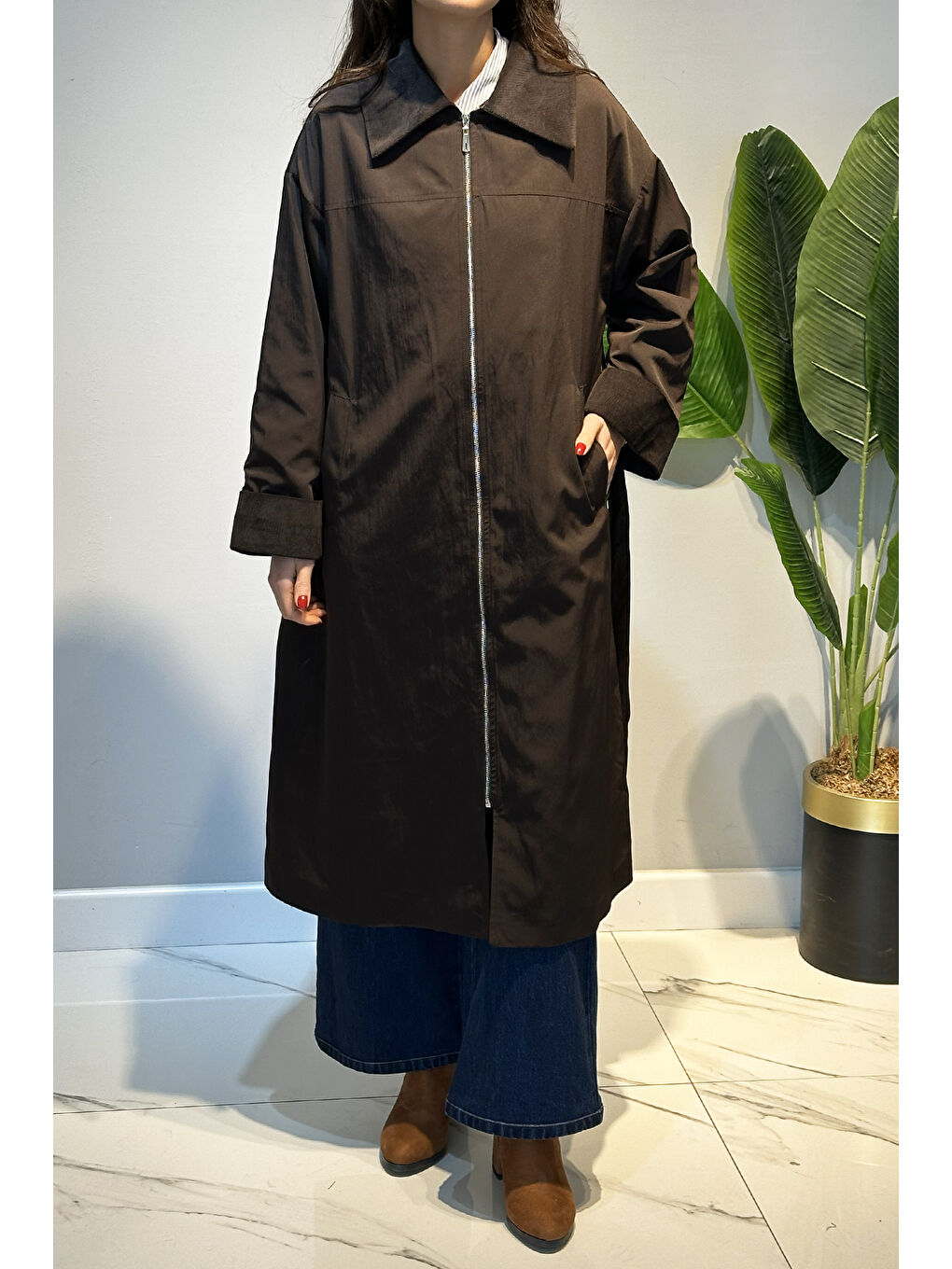 Önü Fermuarlı Yaka Kadife Detay Kap Ceket 16745 Kahverengi-2