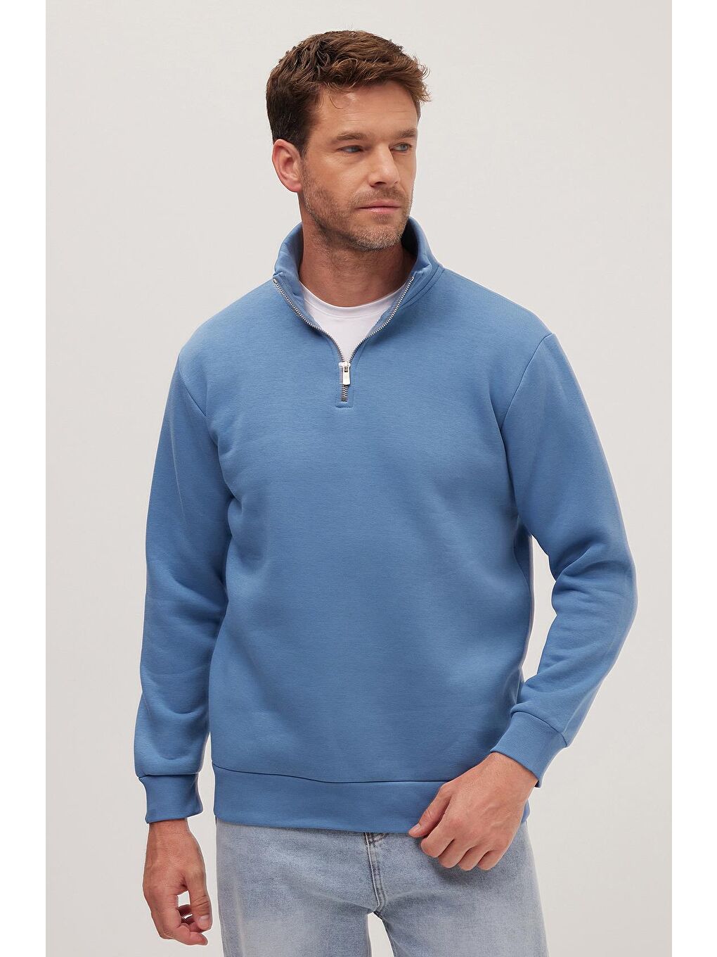Unisex Relax Fit Rahat Kesim Pamuklu İçi Polarlı Yarım Fermuarlı Petrol Mavi Dik Yaka Sweatshirt-3