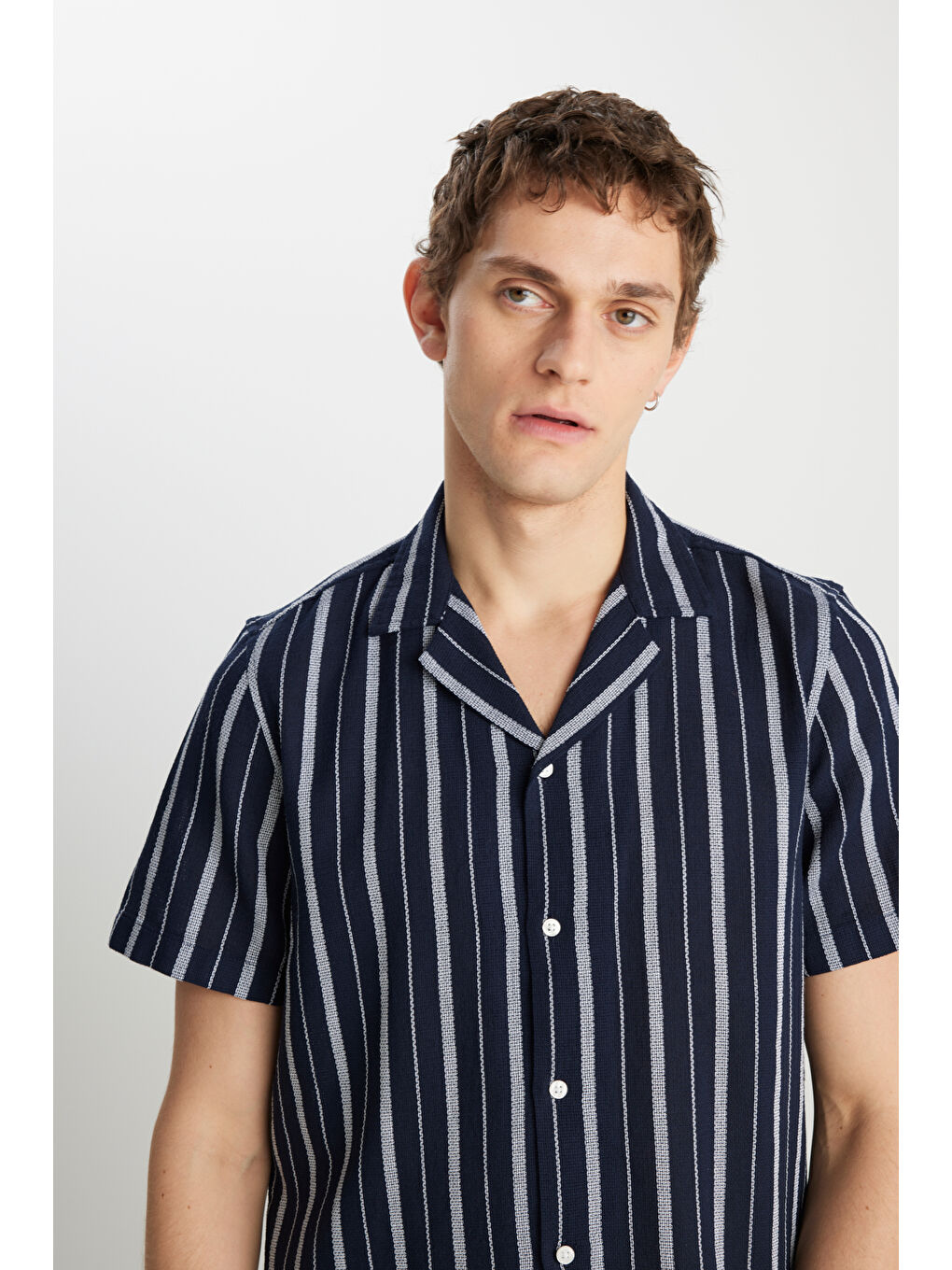 %100 Pamuk Relaxed Fit Geniş Kesim Lacivert Gömlek-3