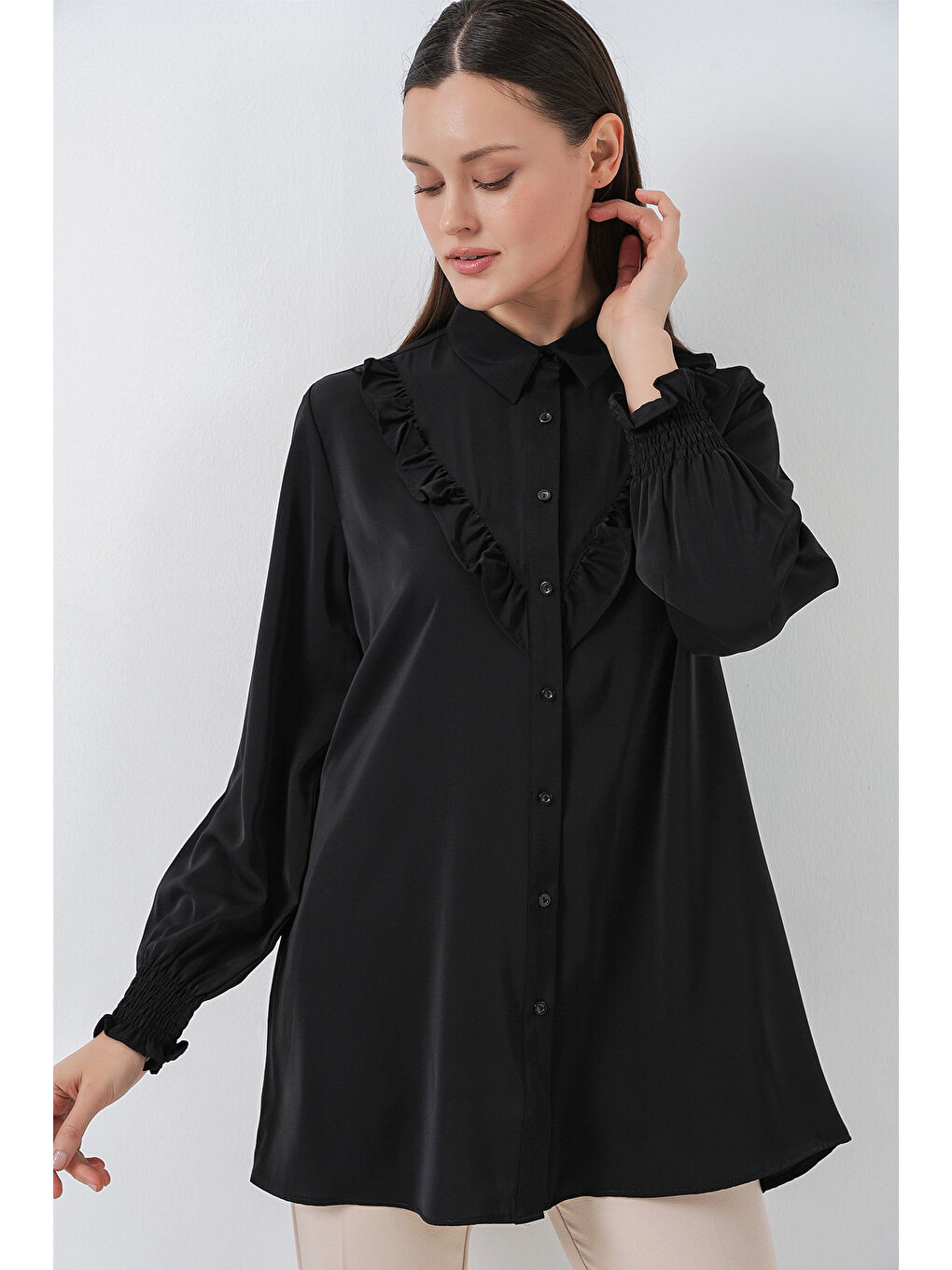 Kadın Fırfırlı Uzun Gömlek Tunik 5986 - Siyah-3