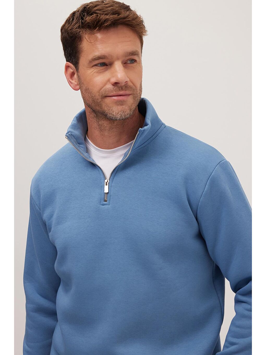 Unisex Relax Fit Rahat Kesim Pamuklu İçi Polarlı Yarım Fermuarlı Petrol Mavi Dik Yaka Sweatshirt-4