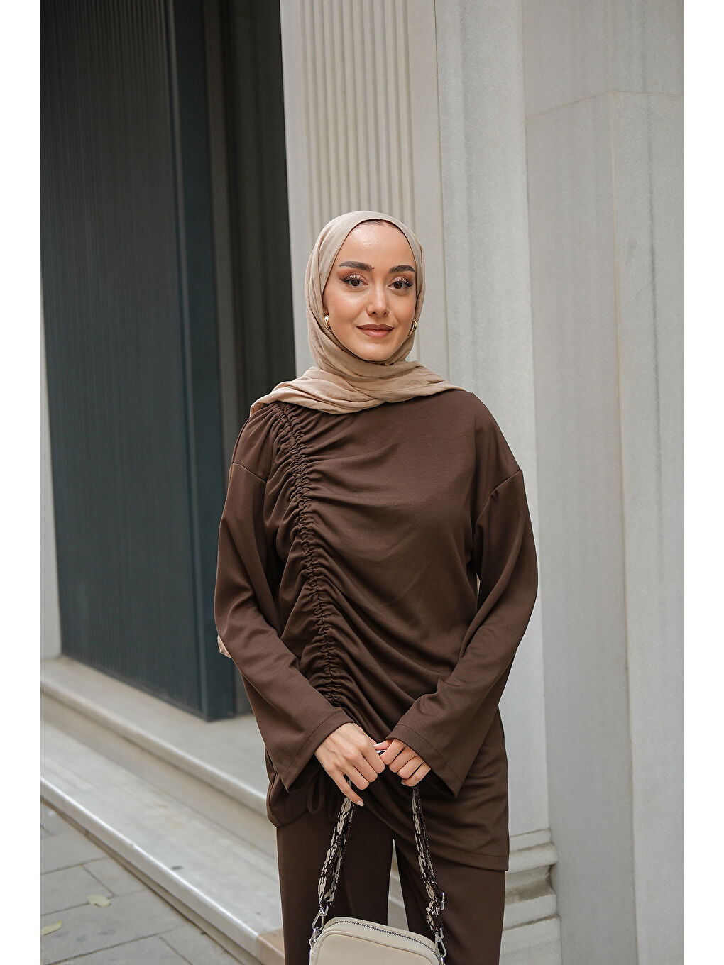 Kadın Lastik Detay İkili Takım Kahverengi-4