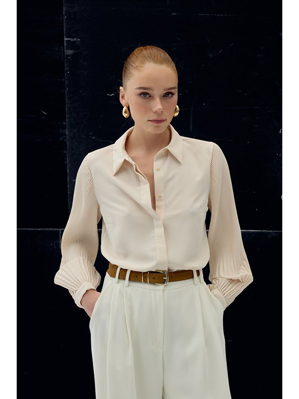 Plise Kollu Gömlek - Bej-3