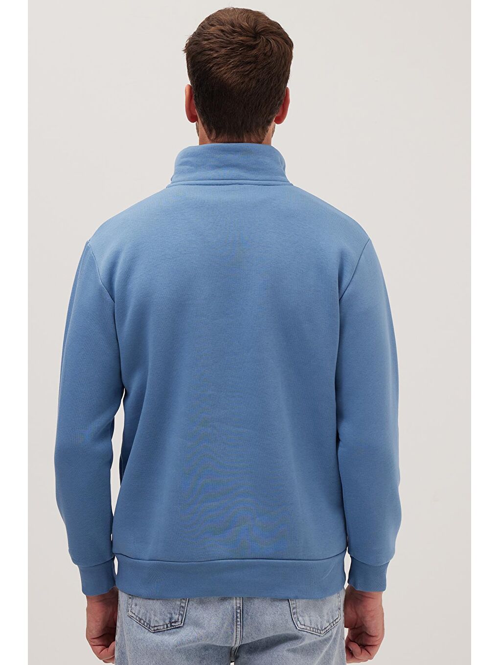 Unisex Relax Fit Rahat Kesim Pamuklu İçi Polarlı Yarım Fermuarlı Petrol Mavi Dik Yaka Sweatshirt-6