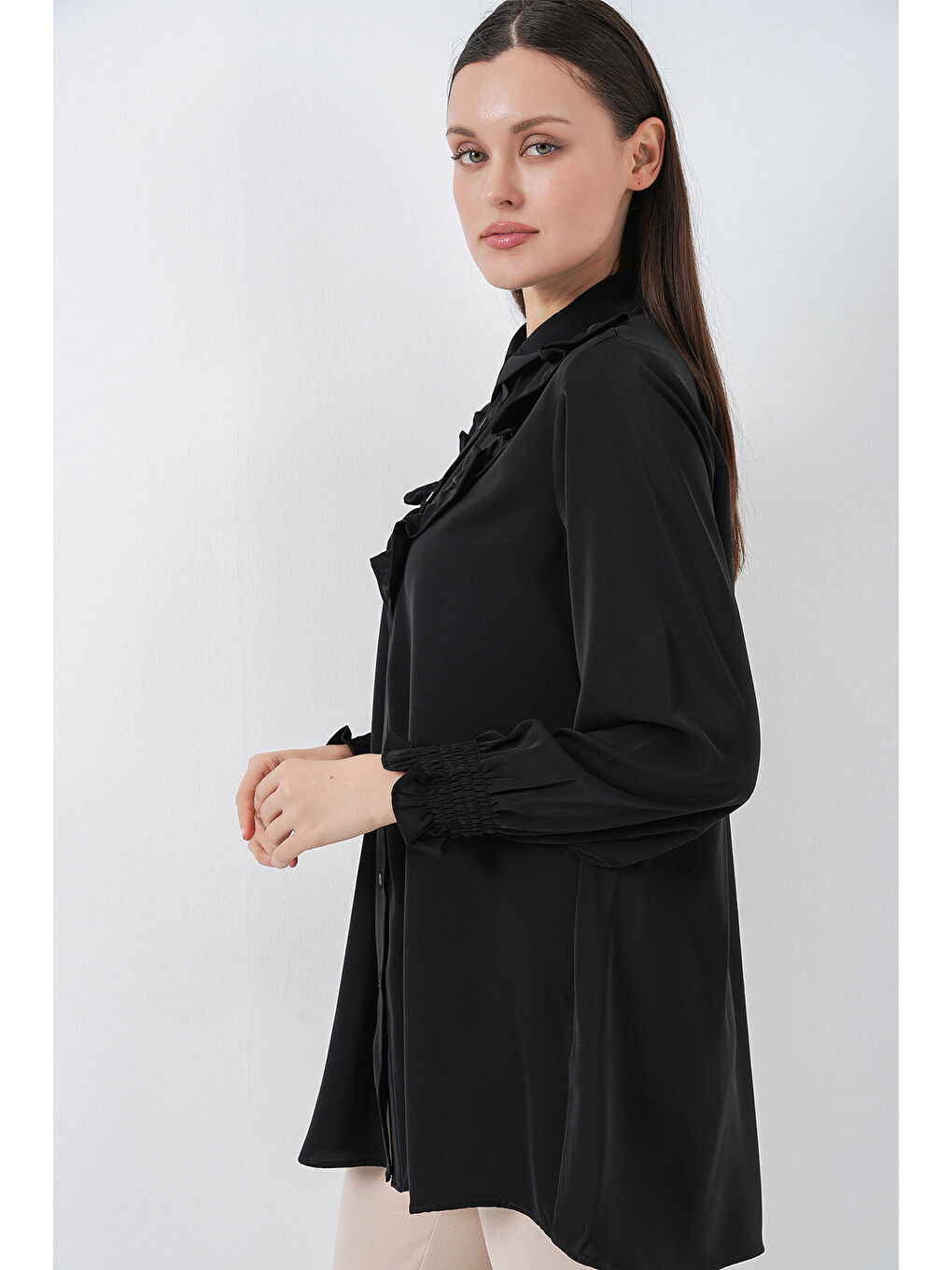 Kadın Fırfırlı Uzun Gömlek Tunik 5986 - Siyah-4