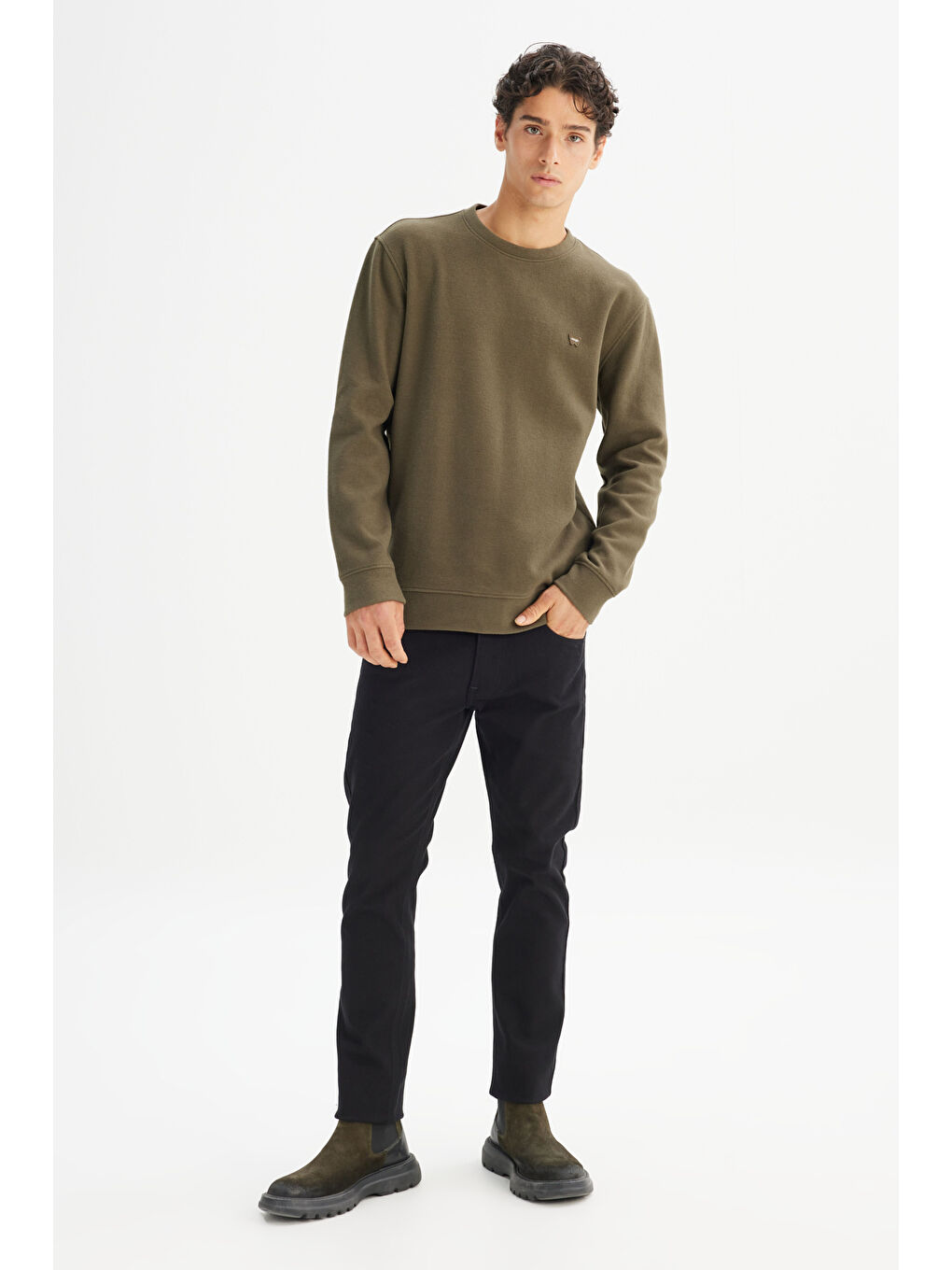 Haki Pamuklu Regular Fit Normal Kesim Bisiklet Yaka Selanik Örgü Sweatshirt-1