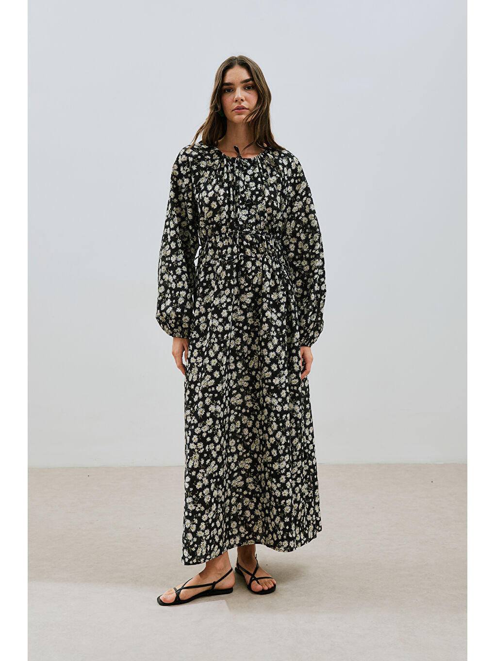 Gri Desenli Pamuklu Büzgülü Elbise Daısy-2