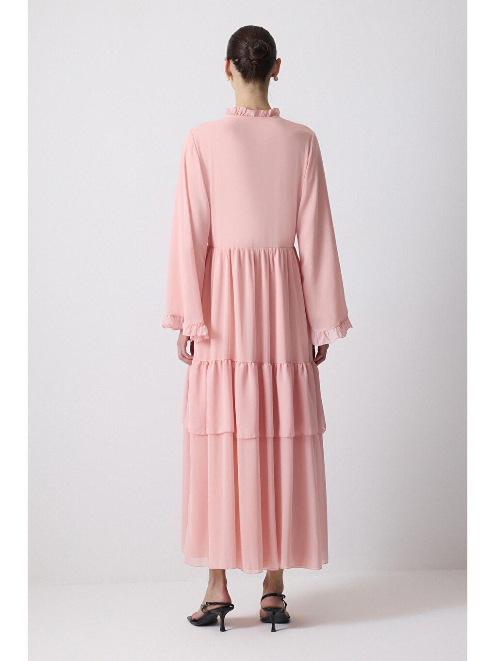 Pembe Büzgülü Şifon Elbise-3