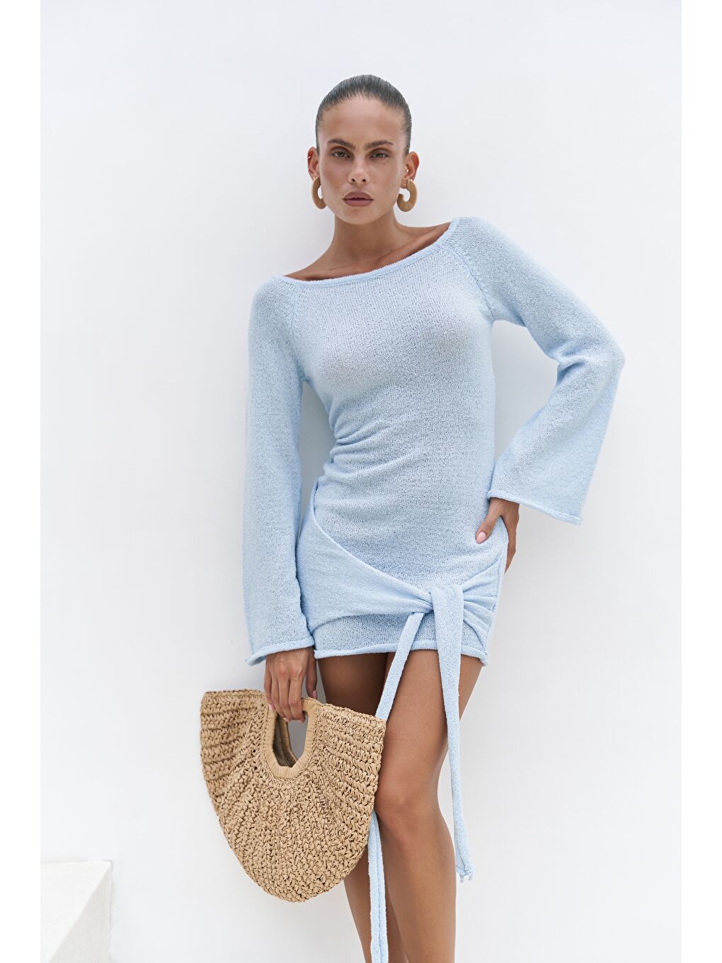 Kawanas Kayık Yaka Bağlamalı Mavi Elbise