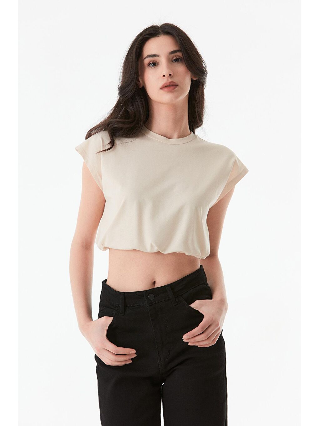 Bej Basic Bisiklet Yaka Stoperli Crop Tişört