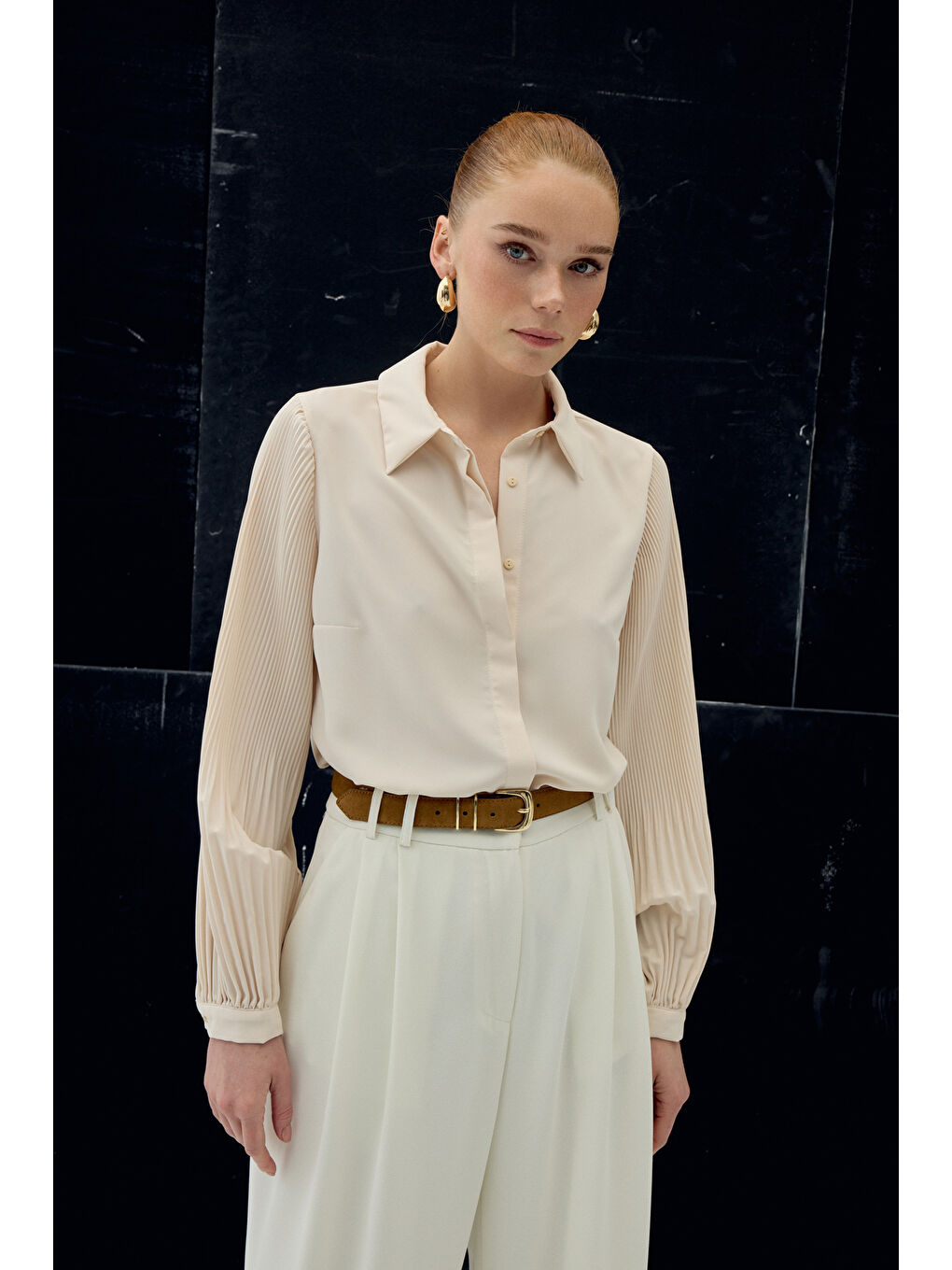 Plise Kollu Gömlek - Bej-5