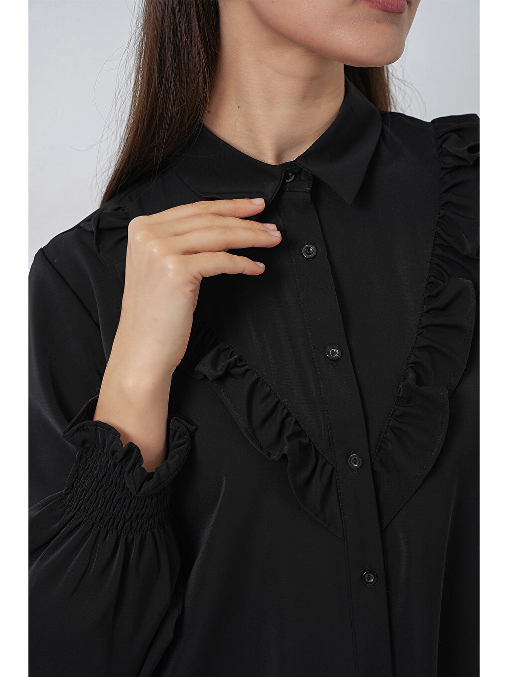 Kadın Fırfırlı Uzun Gömlek Tunik 5986 - Siyah-5