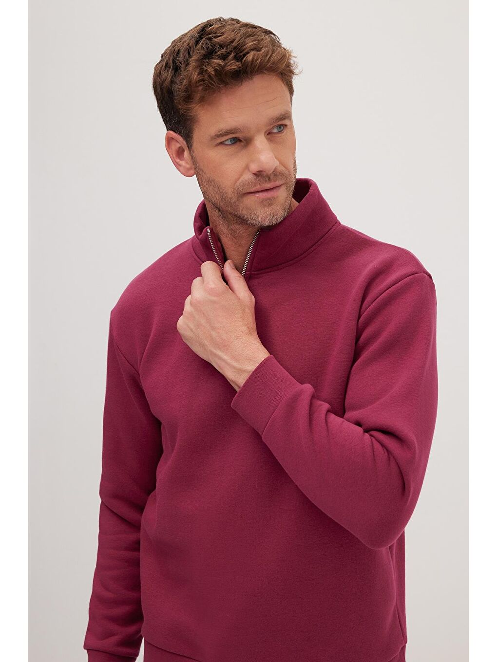 Unisex Relax Fit Rahat Kesim Pamuklu İçi Polarlı Yarım Fermuarlı Fuşya Dik Yaka Sweatshirt-1