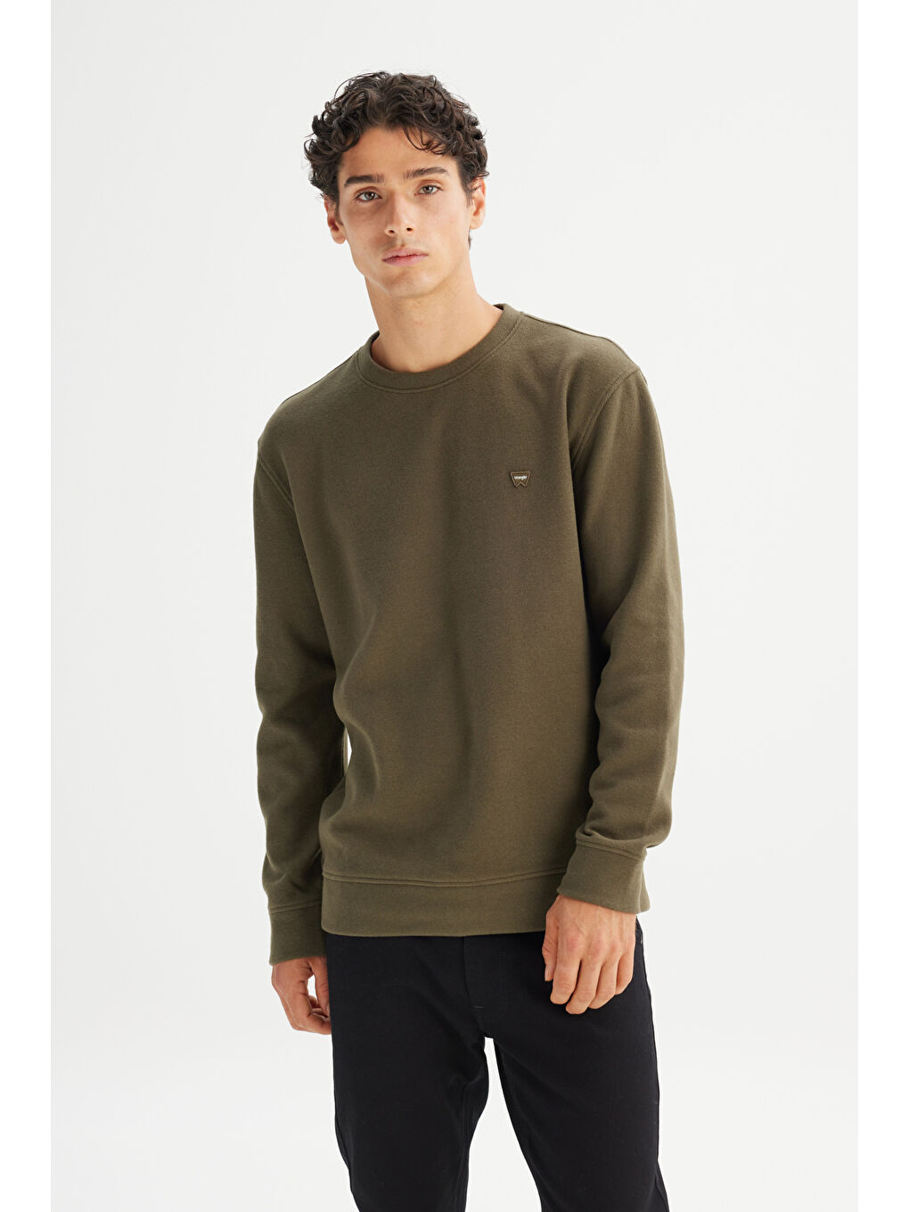 Haki Pamuklu Regular Fit Normal Kesim Bisiklet Yaka Selanik Örgü Sweatshirt-2