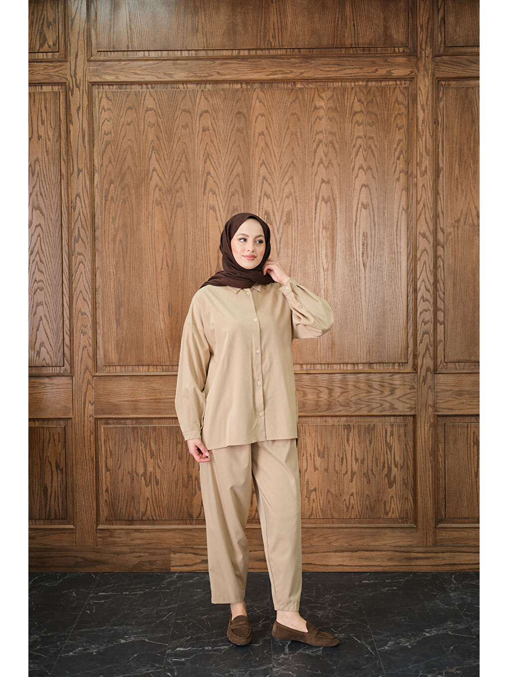 Kadın Gömlekli Takım Bej-3
